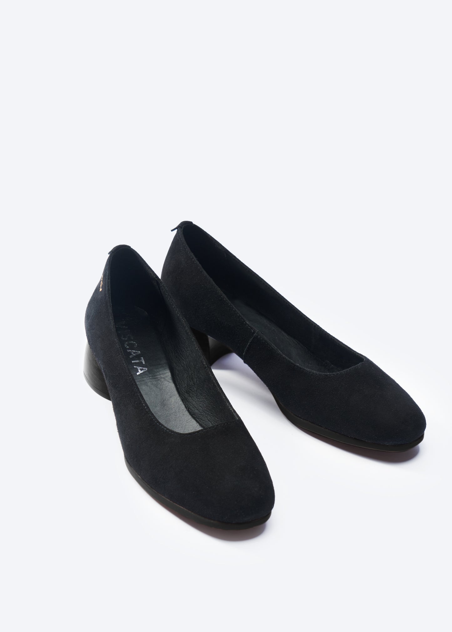 Milan Black Suede Slip On Women Low Block Heel Shoes U Cut Closed Toe