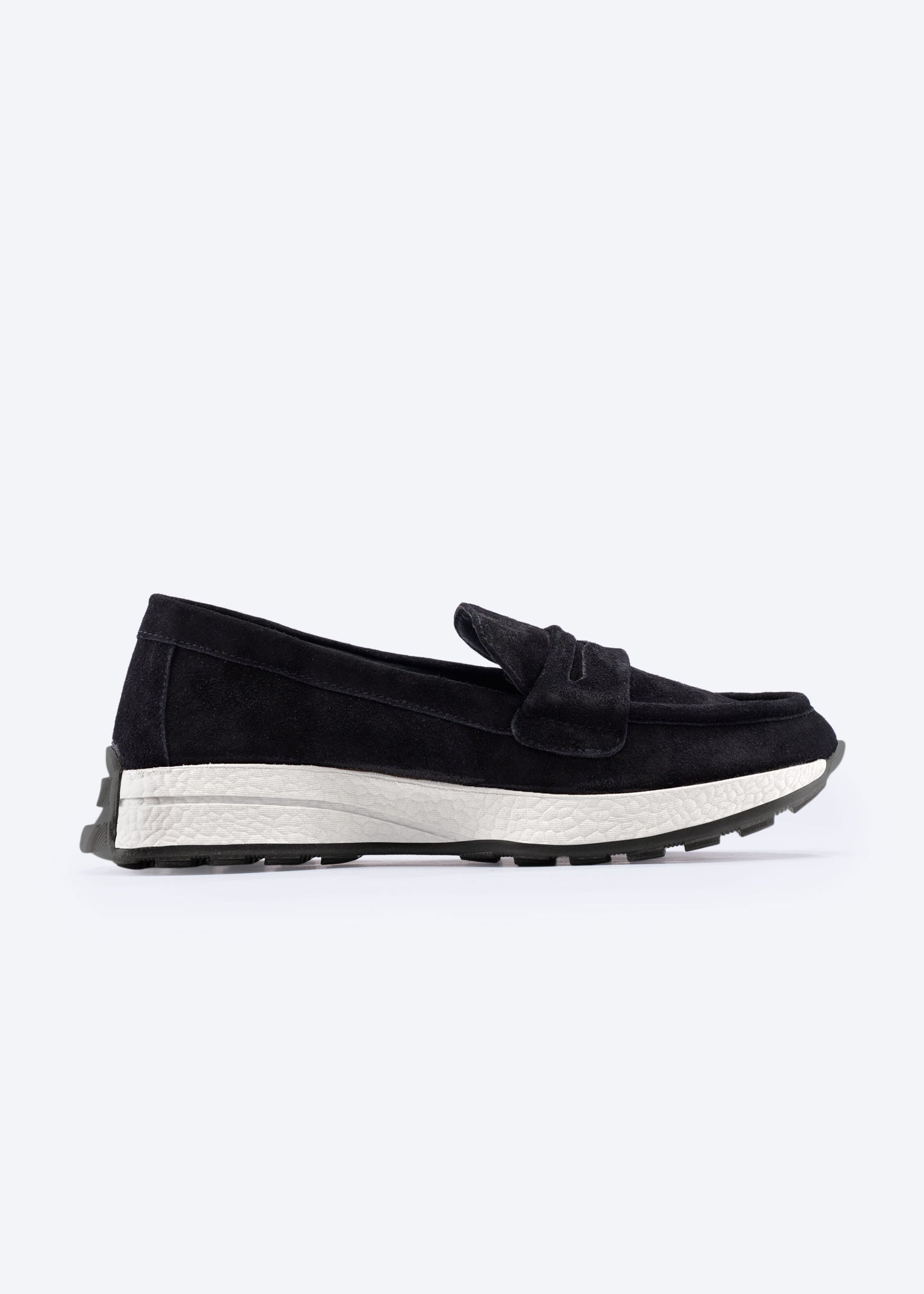 Modena Black Suede Loafer with Chunky White Platform Sole and Black Treaded Outsole