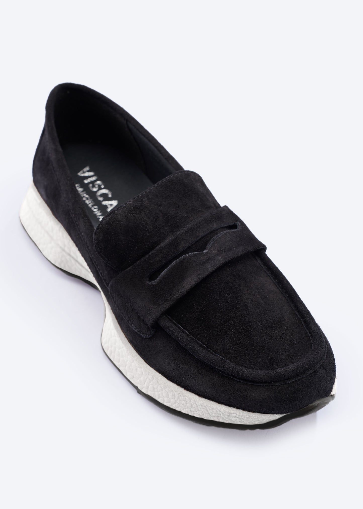 Modena Black Suede Loafer with Chunky White Platform Sole and Black Treaded Outsole Front View