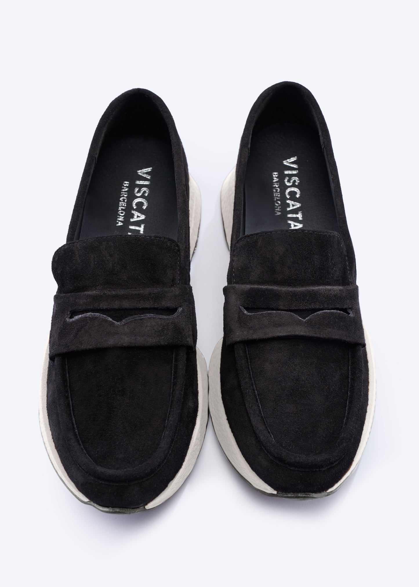 Modena Black Suede Loafers with Chunky White Platform Sole and Black Treaded Outsole