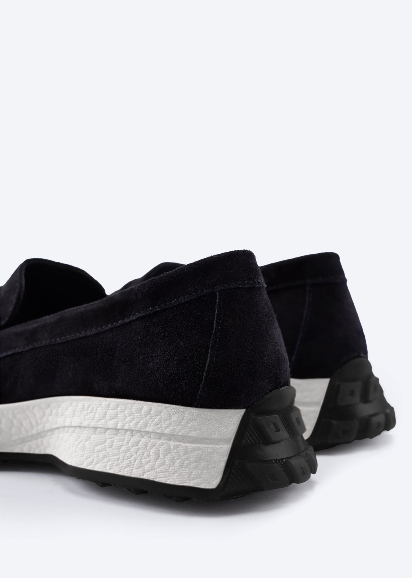 Modena Black Suede Loafers with Chunky White Platform Sole and Black Treaded Outsole Back Details