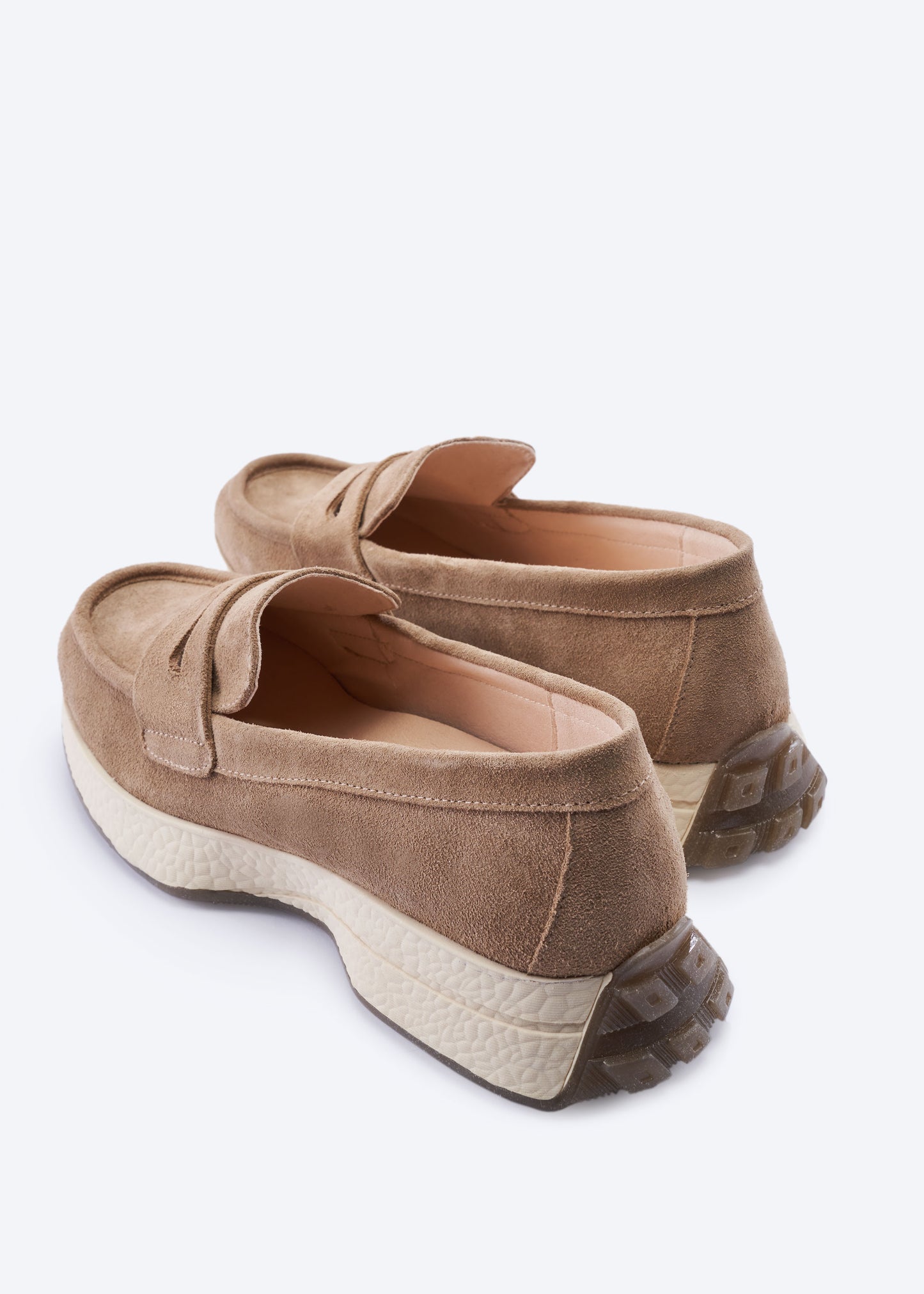 Modena Camel Suede Loafers with Chunky White Platform Sole and Brown Treaded Outsole Back View