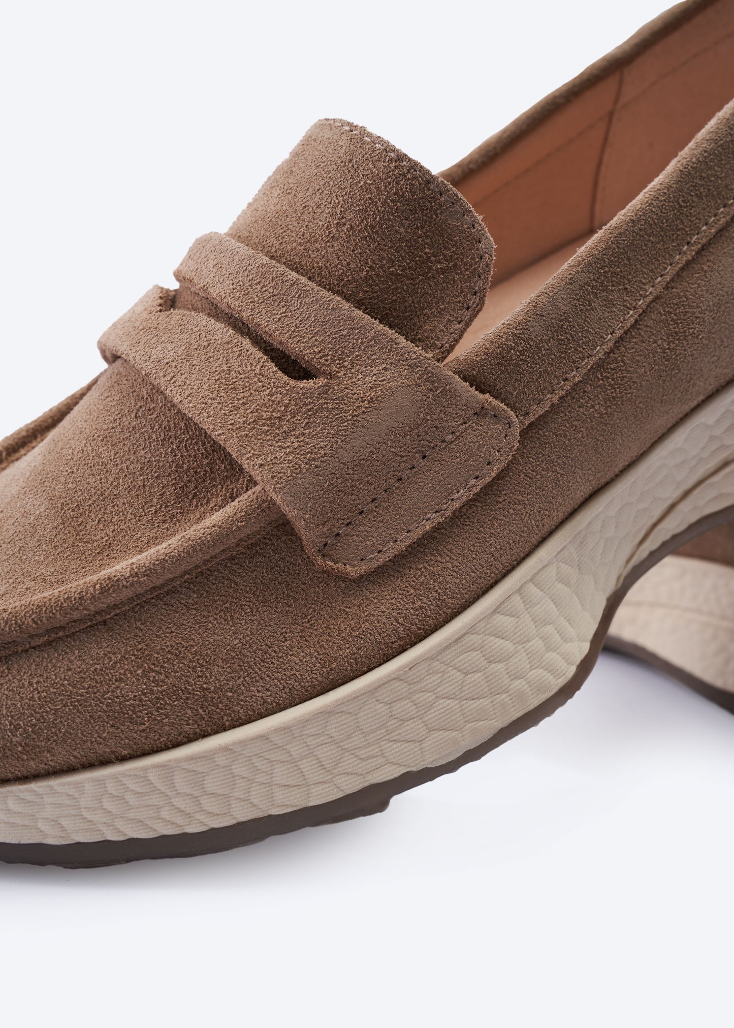 Modena Camel Suede Loafers with Chunky White Platform Sole and Brown Treaded Outsole Penny Strap Close-up