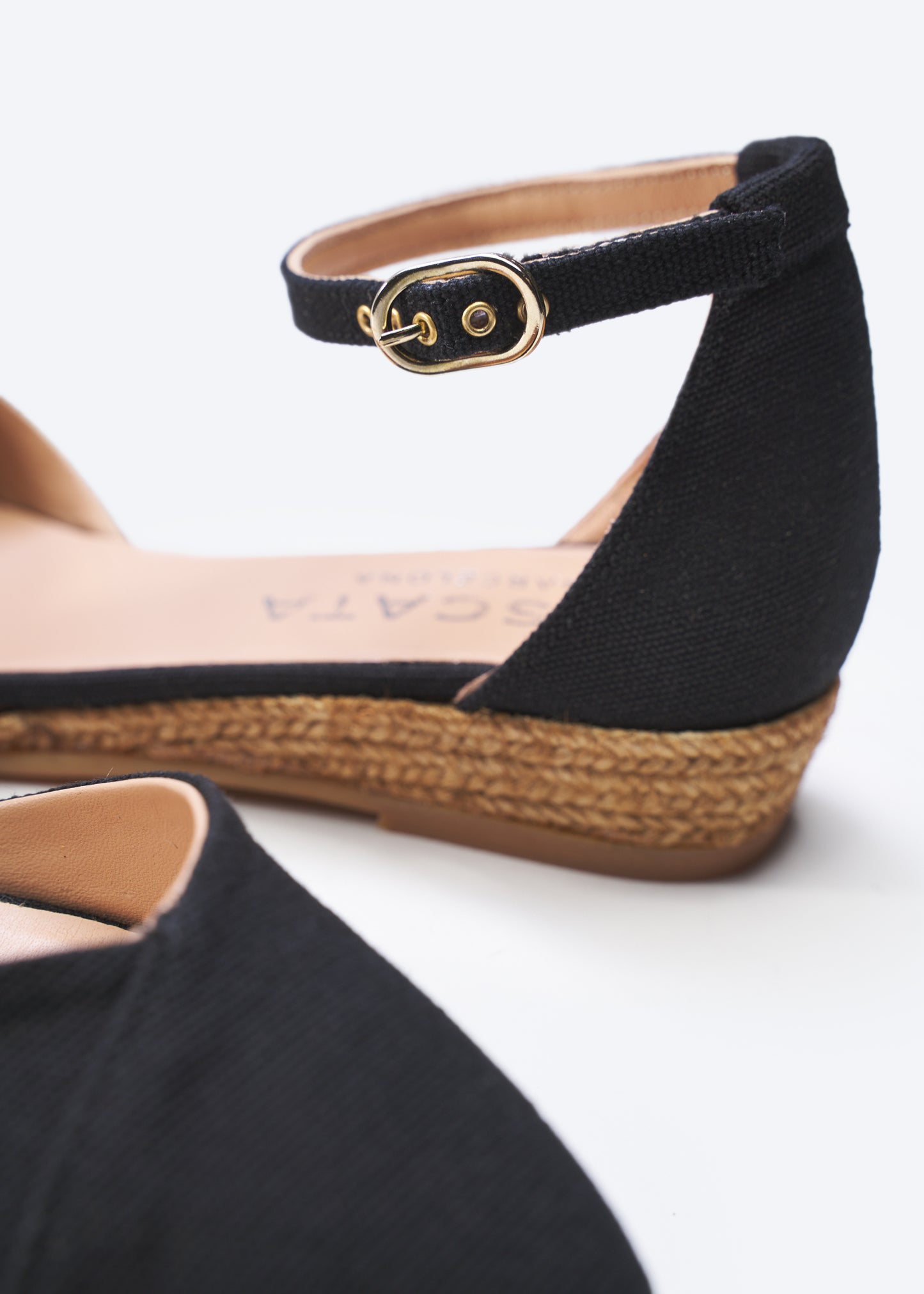 Montroig Black Canvas Ankle Strap Women Espadrille Flats Legs Buckle Detail