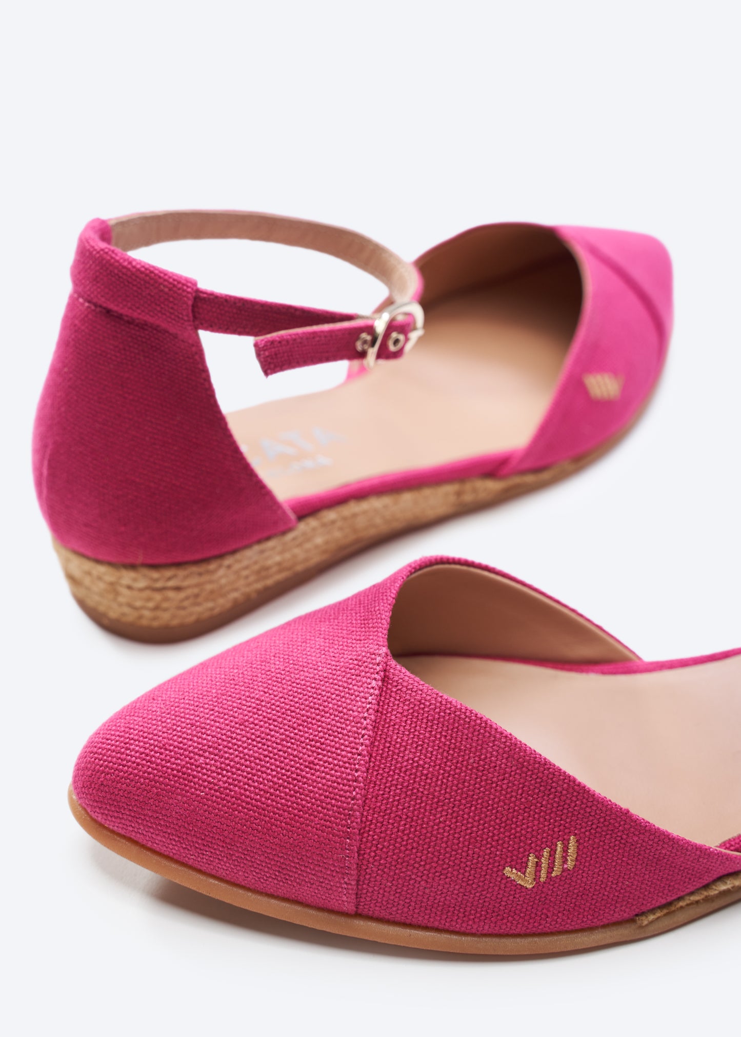 Montroig Limited Edition Fuchsia Canvas Ankle Strap V Cut Closed Toe Women Espadrille Flats Toe and Back Details