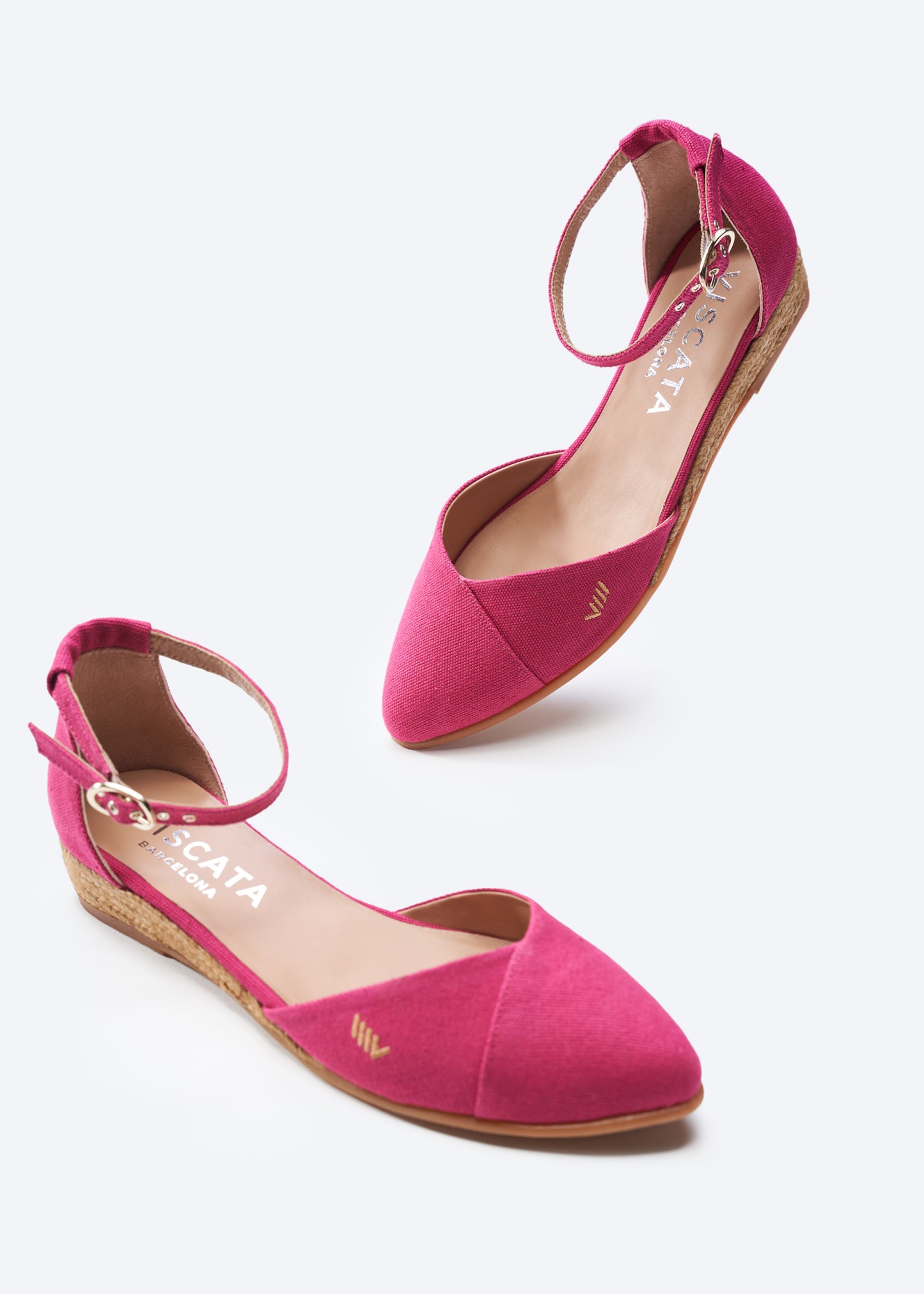 Montroig Limited Edition Fuchsia Canvas Ankle Strap V Cut Closed Toe Women Flat Espadrilles