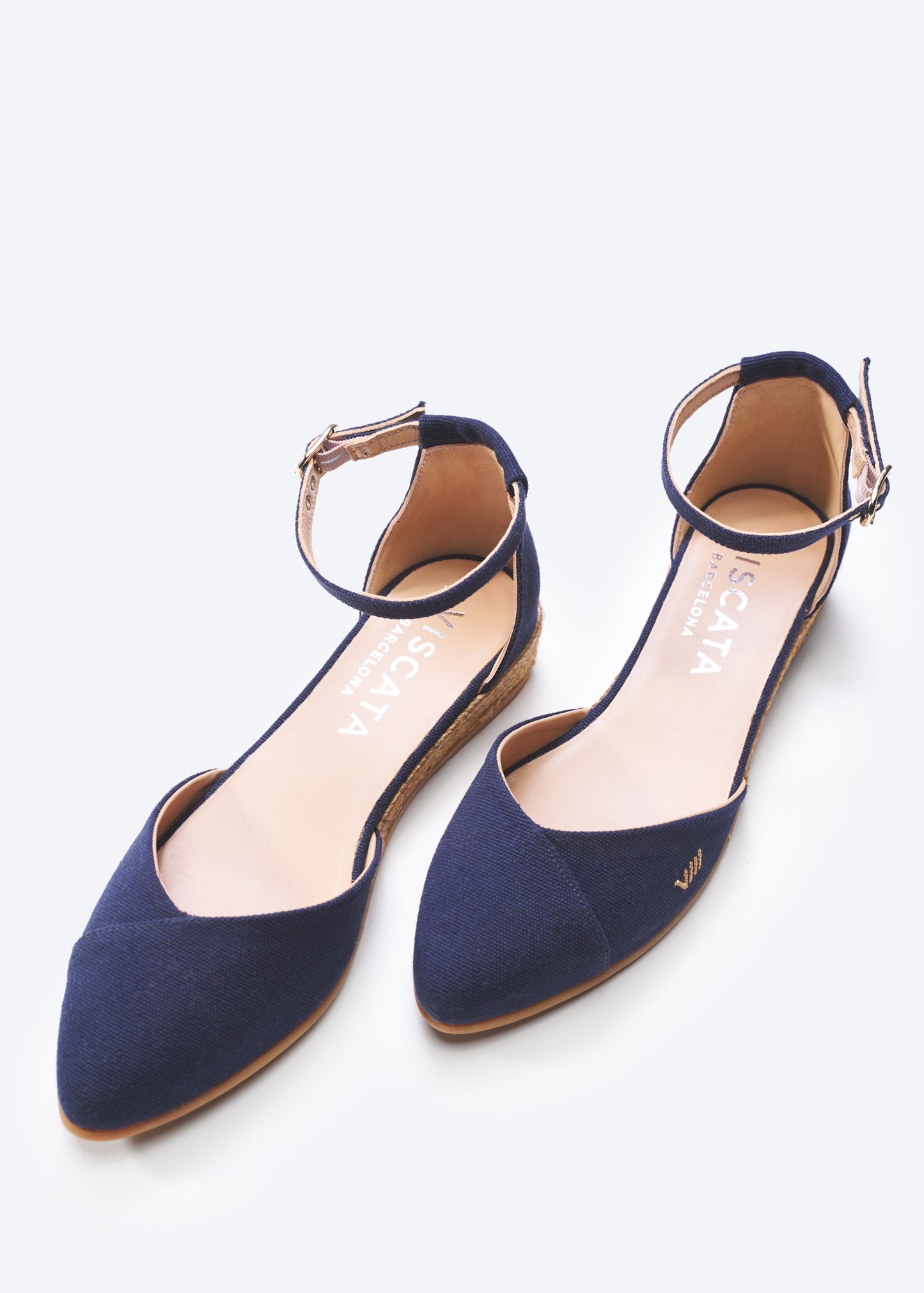 Montroig Navy Blue Canvas Ankle Strap Women Espadrille Flats V Cut Toe Detail