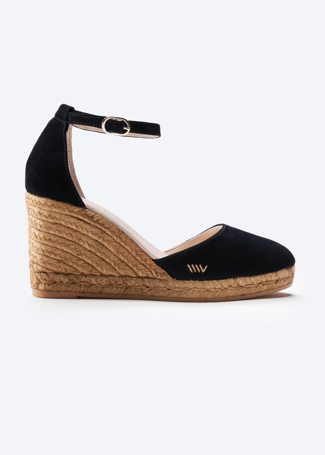Palamos Black Suede Ankle Strap Women Espadrille High Wedge