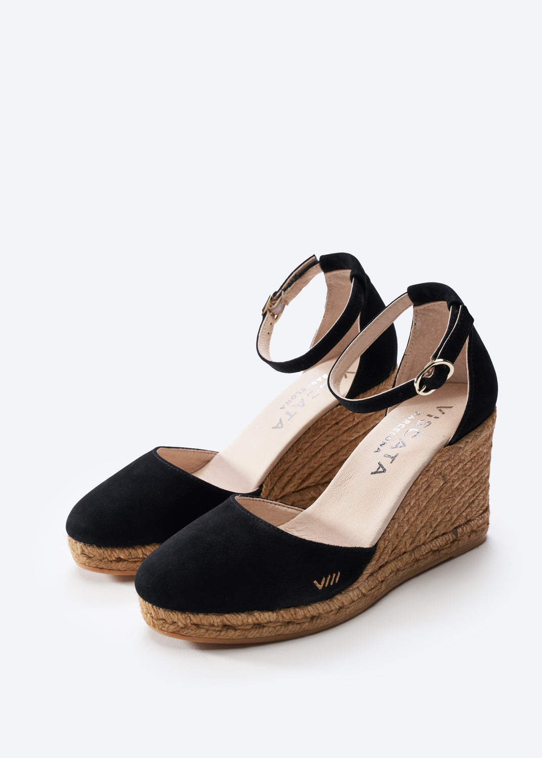 Palamos Black Suede Ankle Strap Women Espadrille High Heel Wedges