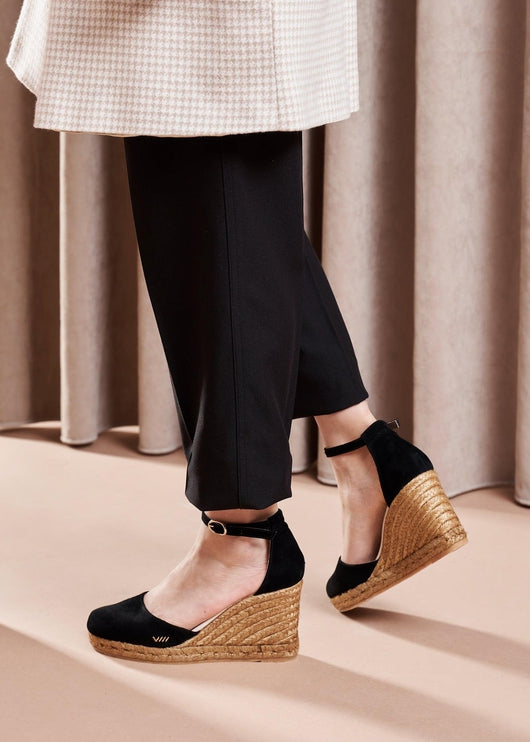 Palamos Black Suede Ankle Strap Women Espadrille High Wedges Legs