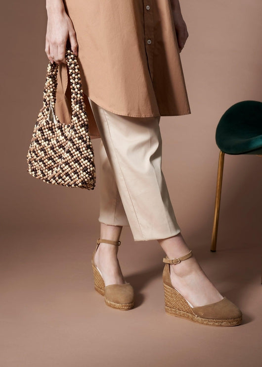 Palamos Camel Suede Ankle Strap Women Espadrille High Wedges Legs