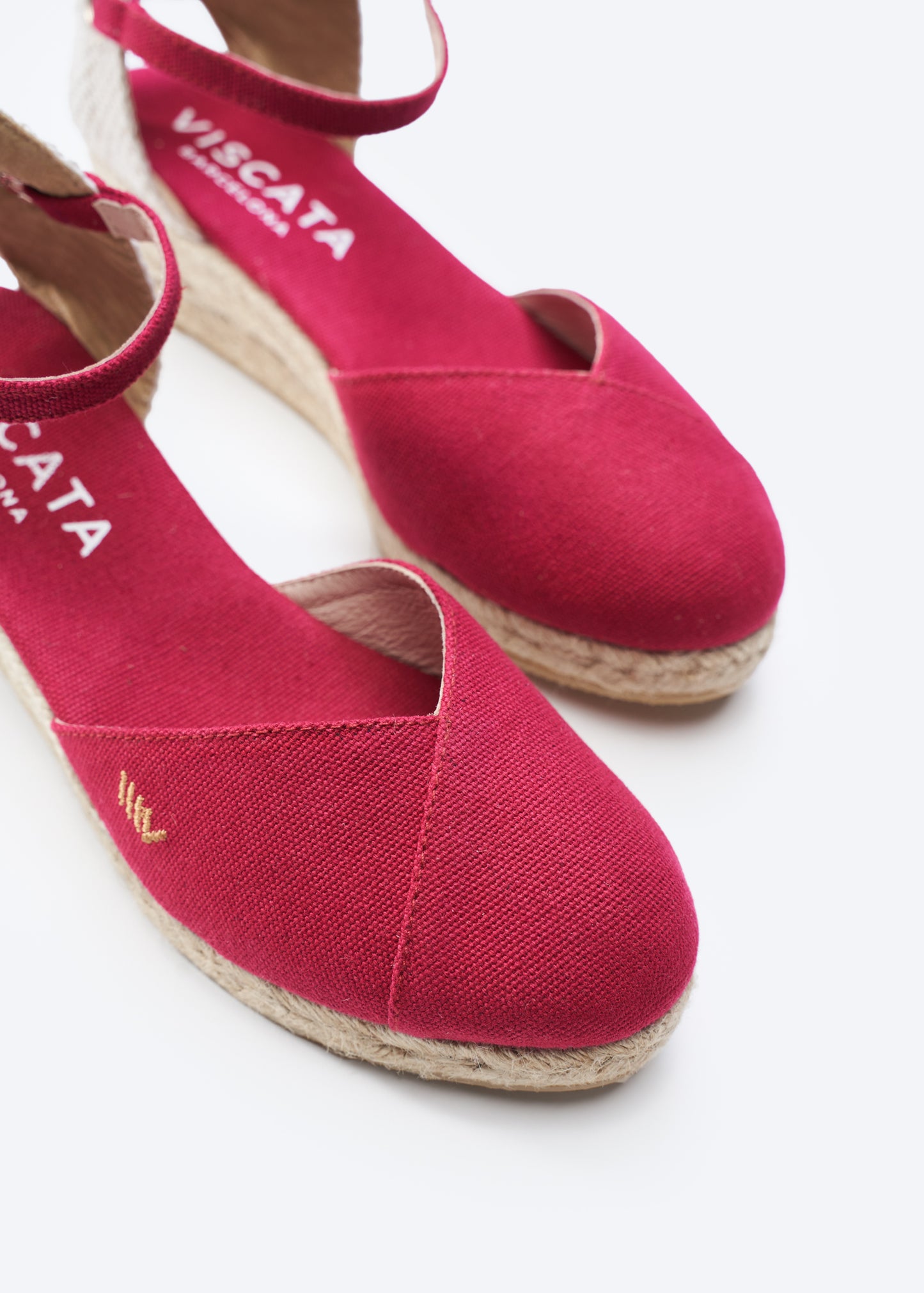 Pubol Limited Edition Cherry Canvas Ankle Strap Women Espadrille Wedges V Cut Closed Toe Detail