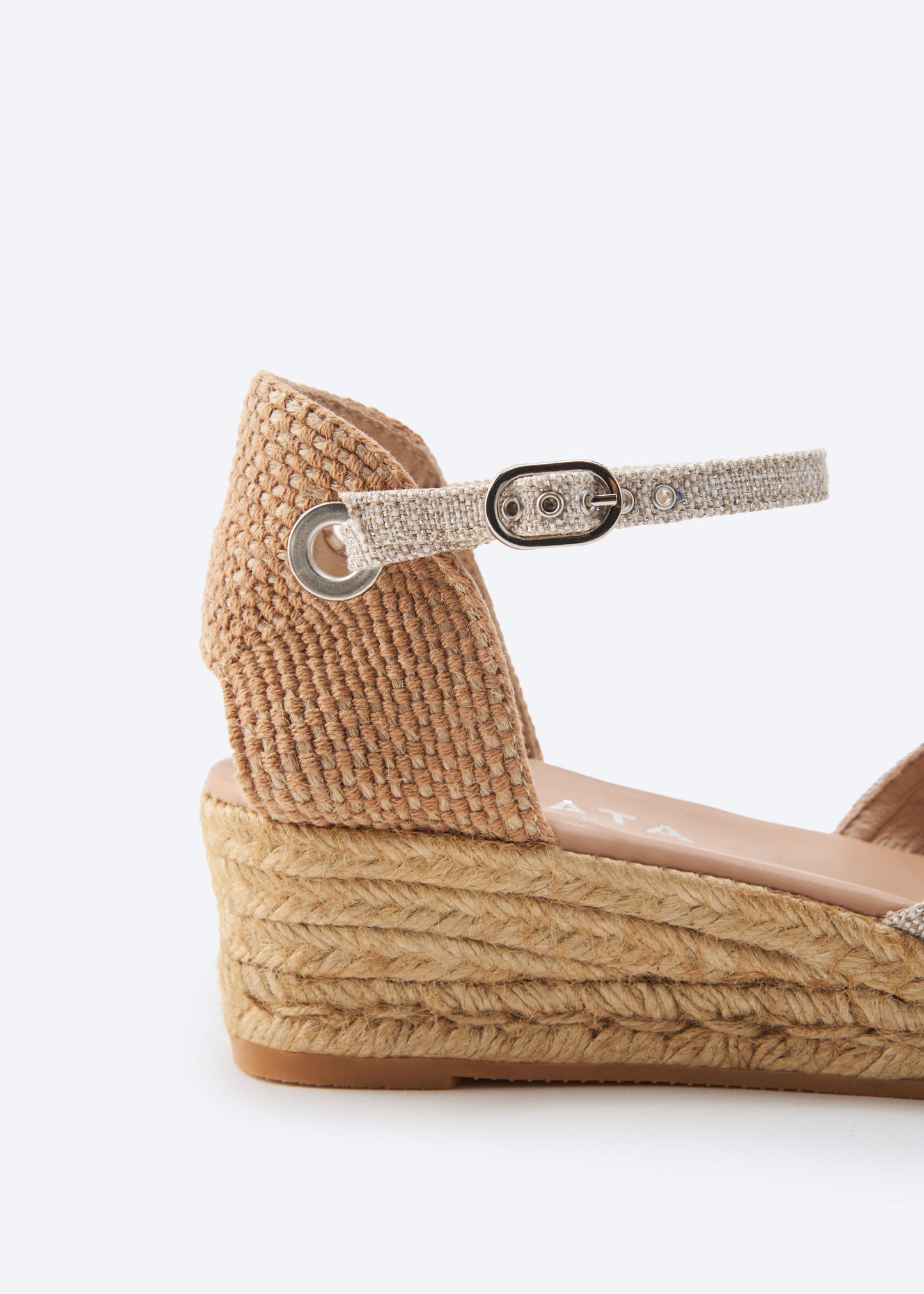 Pubol Limited Edition Silver Canvas Ankle Strap Women Espadrille Low Wedge Flexible Back Detail