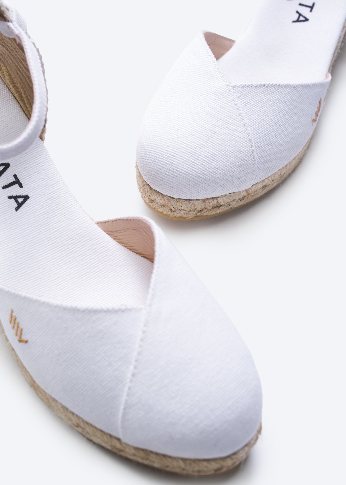 Pubol Limited Edition White Canvas Ankle Strap Women Espadrille Wedges V Cut Closed Toe Detail
