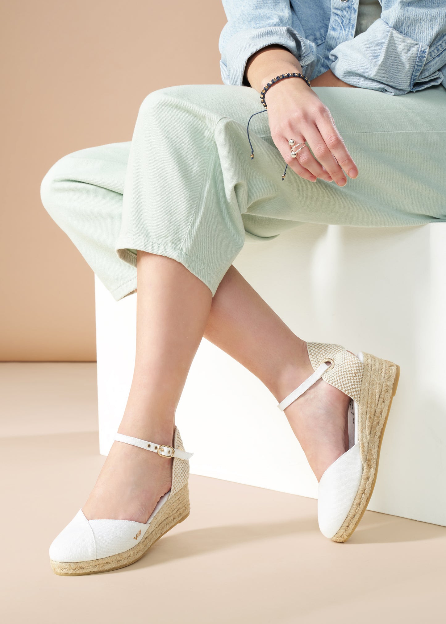 Pubol Limited Edition White Canvas Ankle Strap Women Espadrille Wedges Legs