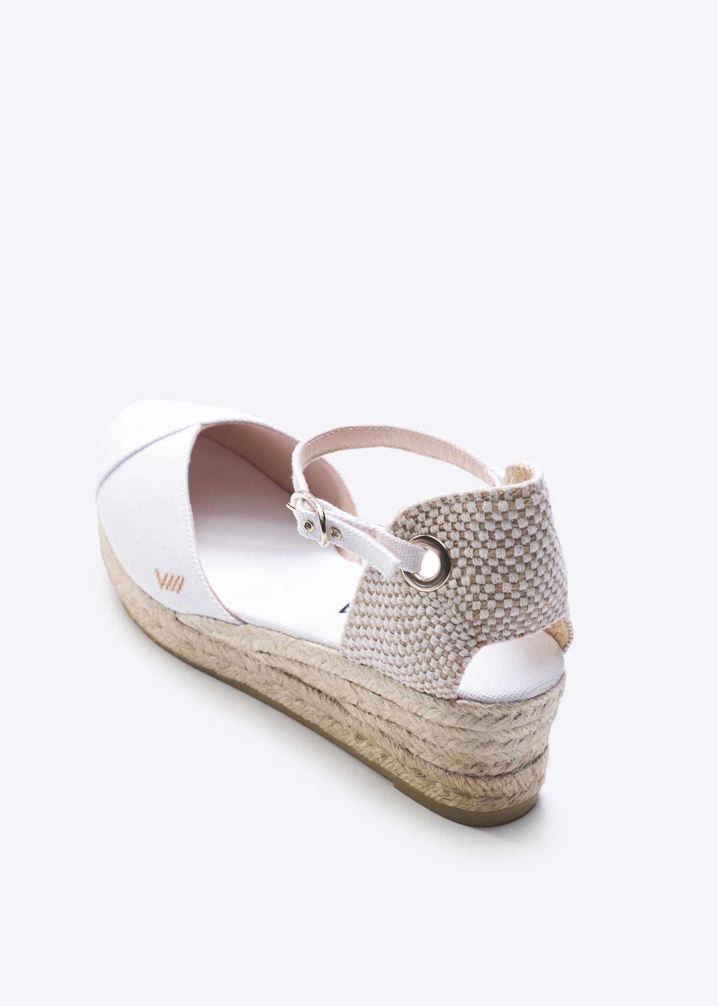 Pubol Limited Edition White Canvas Ankle Strap Women Espadrille Wedge Flexible Back Detail