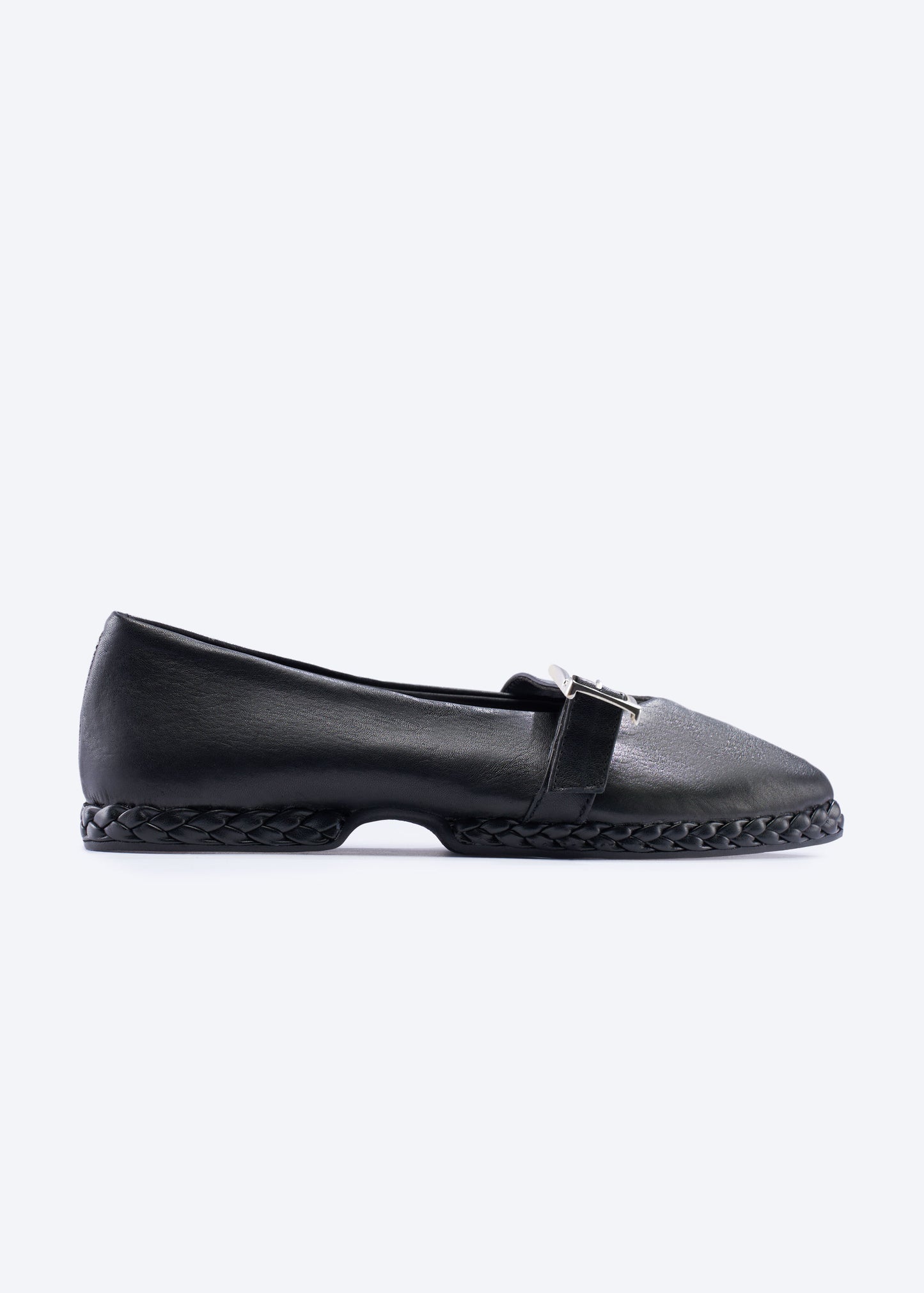 Remini Black Leather Mary-Jane Flats with a Braided Sole