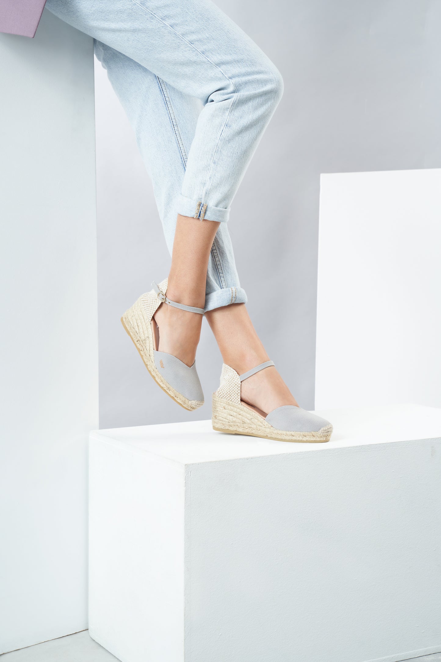 Reus Ash Grey Canvas Ankle Strap Women Espadrille Wedges Legs