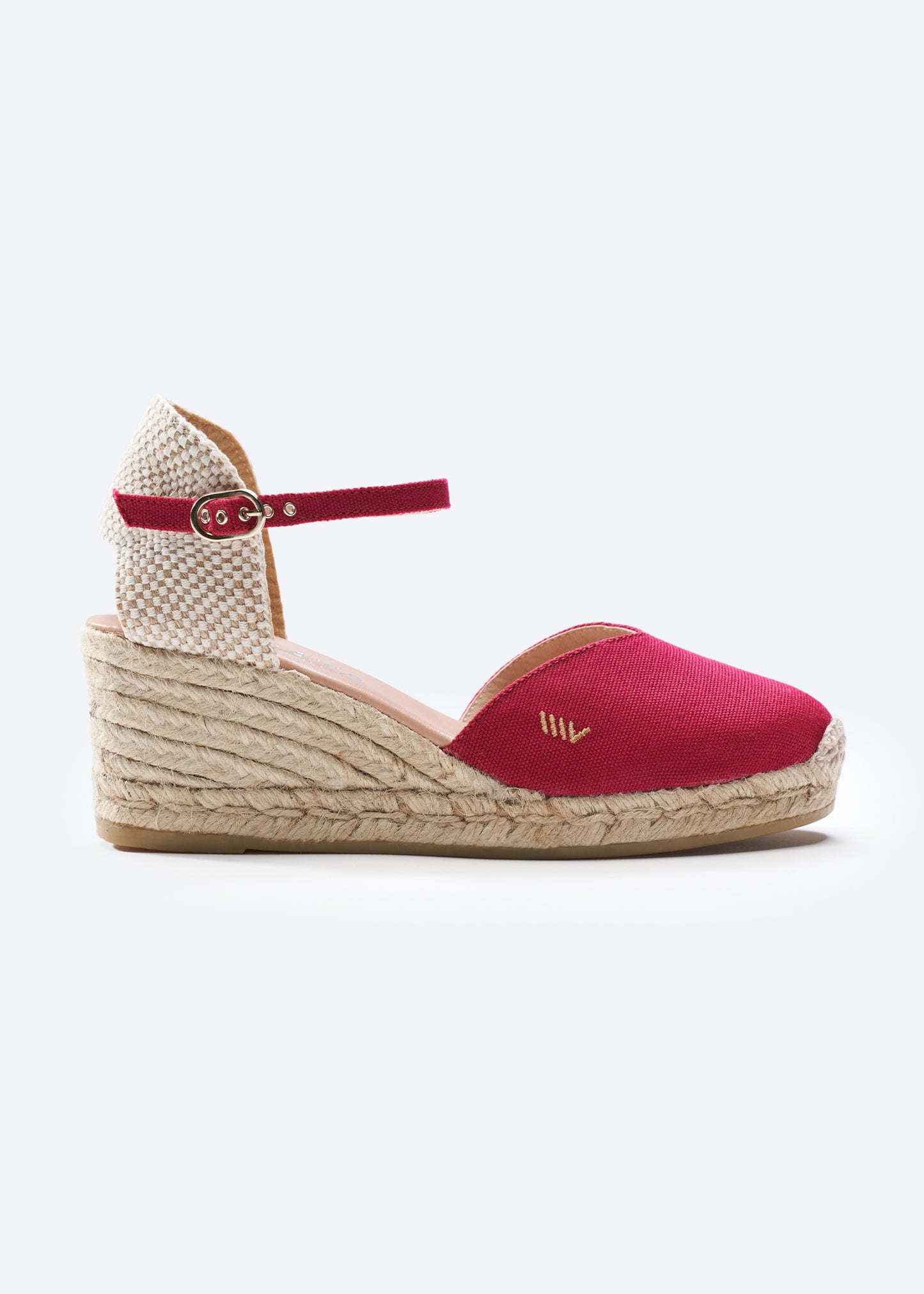 Reus Limited Edition Cherry Canvas Ankle Strap Women Espadrille Medium Heel Wedge
