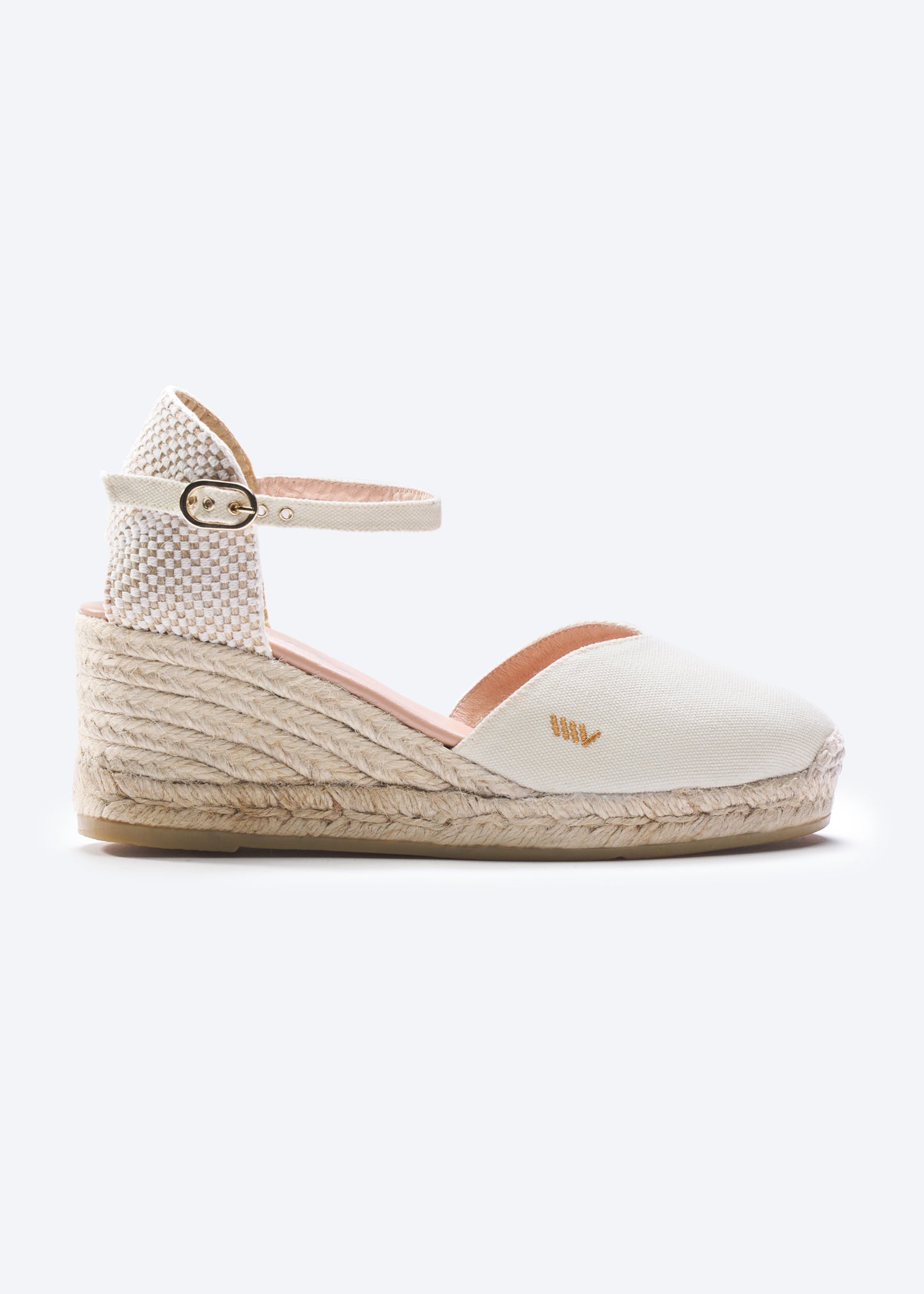 Reus Limited Edition Ivory Canvas Ankle Strap Women Espadrille Medium Heel Wedge