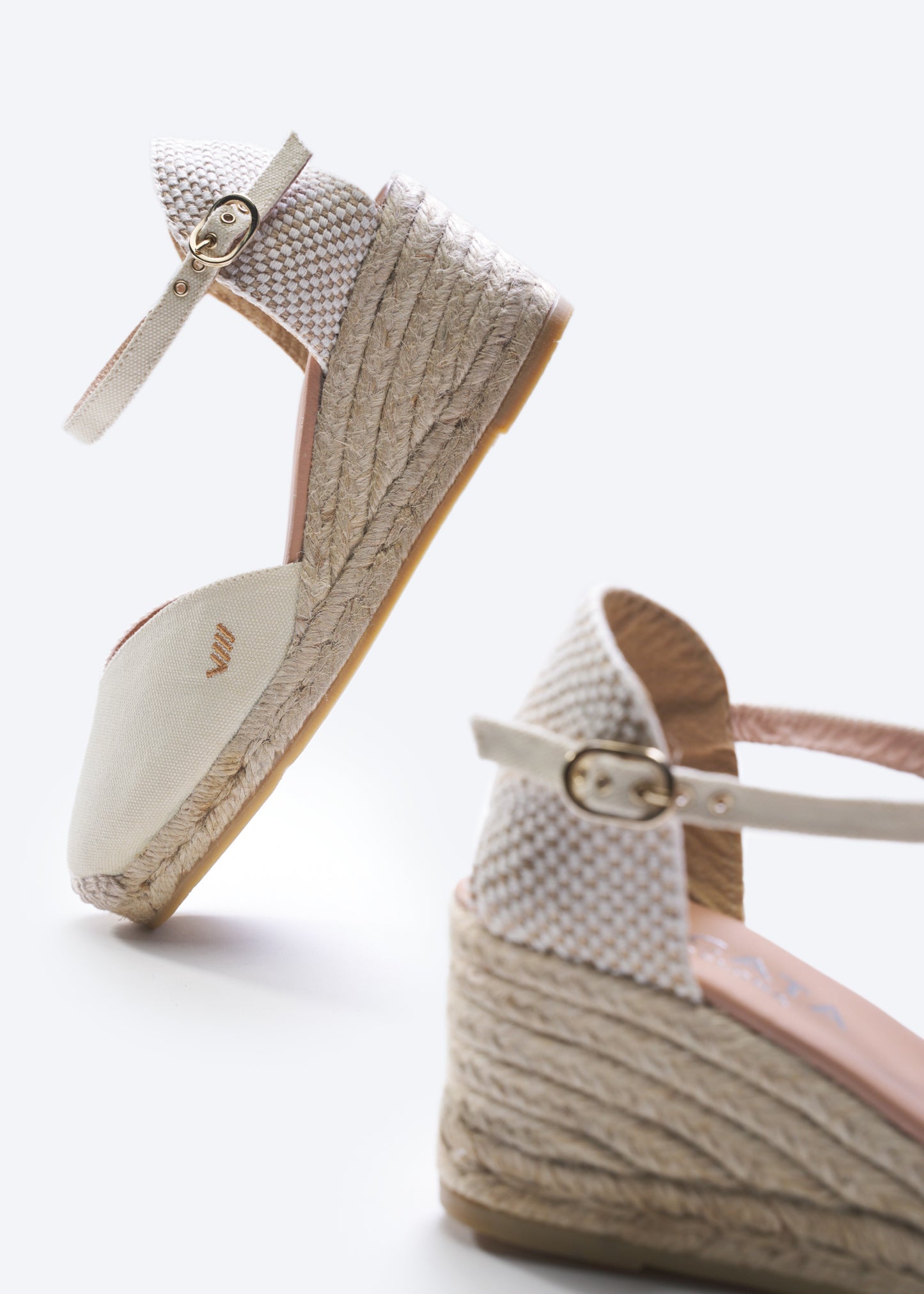 Reus Limited Edition Ivory Canvas Ankle Strap Women Espadrille Medium Heel Wedges Back Details