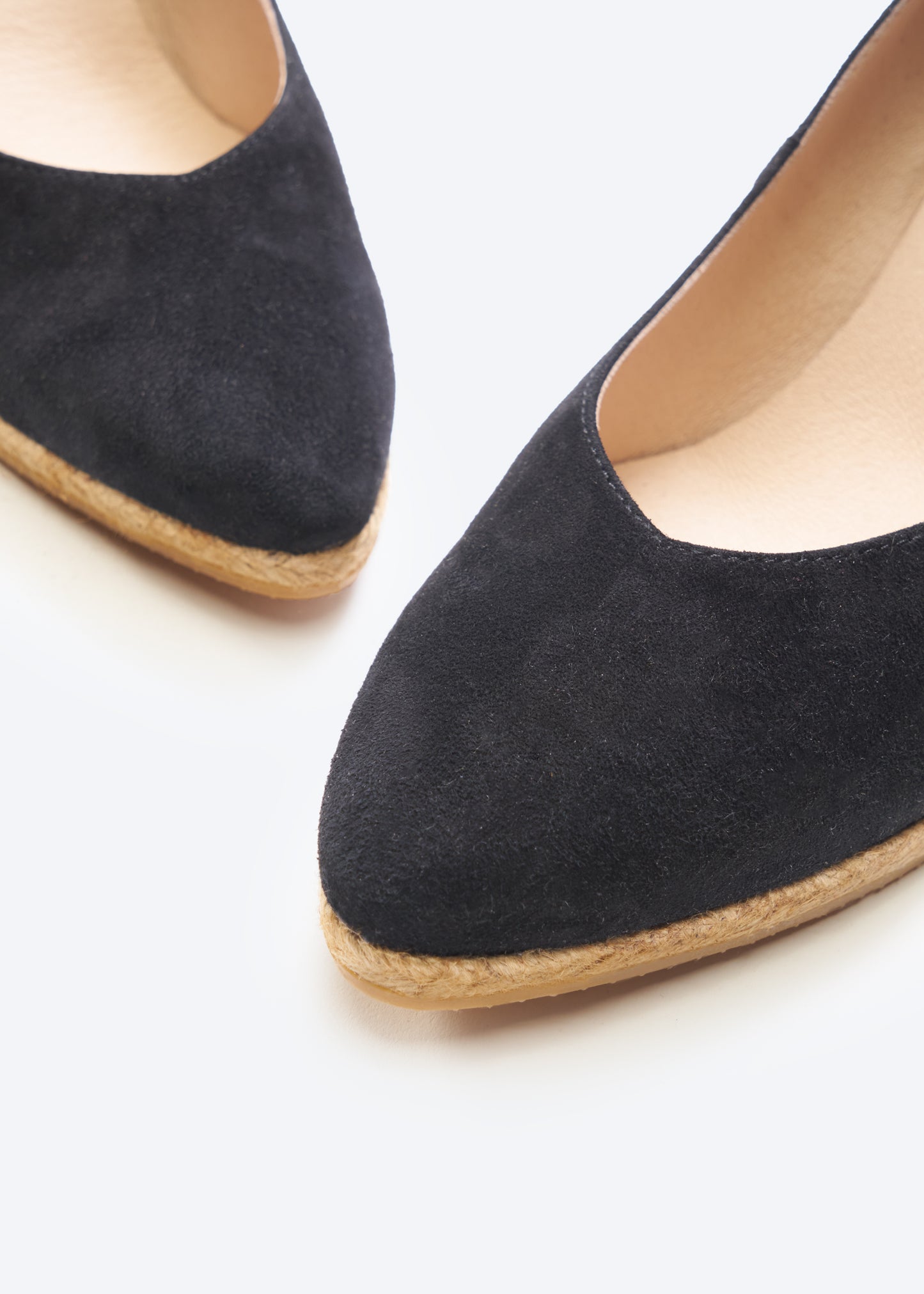 Roses V Cut Black Suede Slip On Women Espadrille Wedges Closed Toe Detail