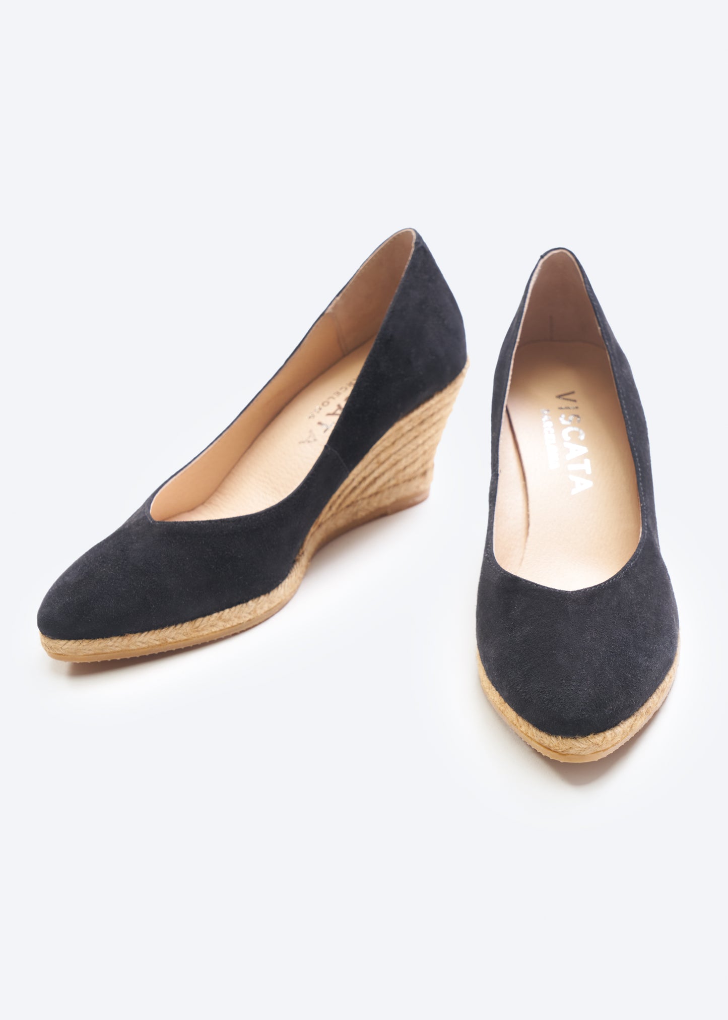 Roses V Cut Black Suede Slip On Women Espadrille Medium Wedges
