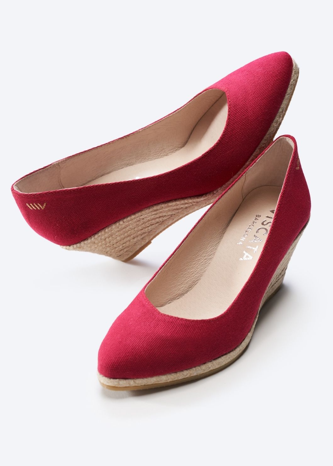 Roses V Cut Limited Edition Cherry Canvas Slip On Women Espadrilles Medium Heel Wedges