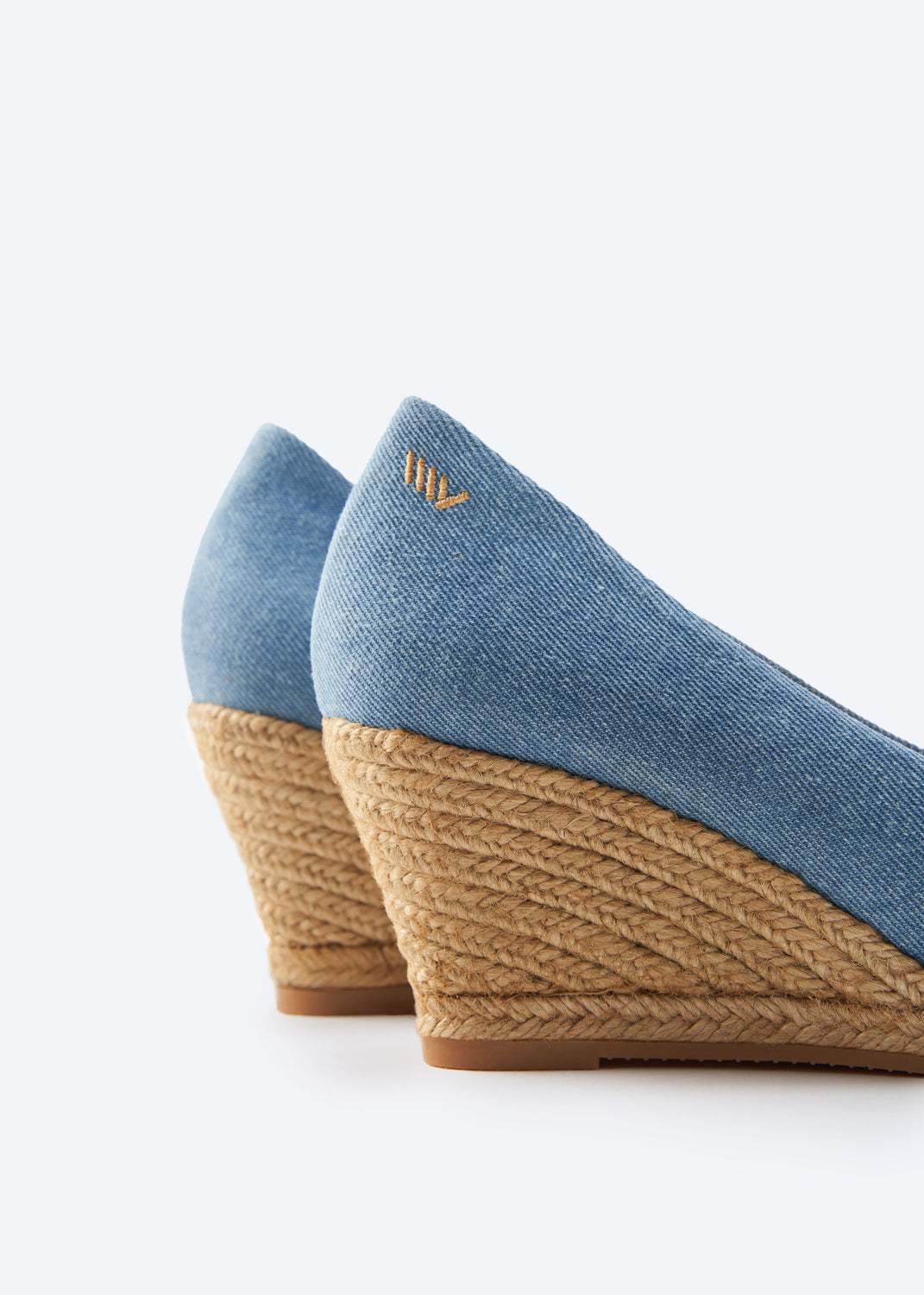 Roses V Cut Limited Edition Light Denim Canvas Slip On Women Espadrille Medium Wedges Back Detail