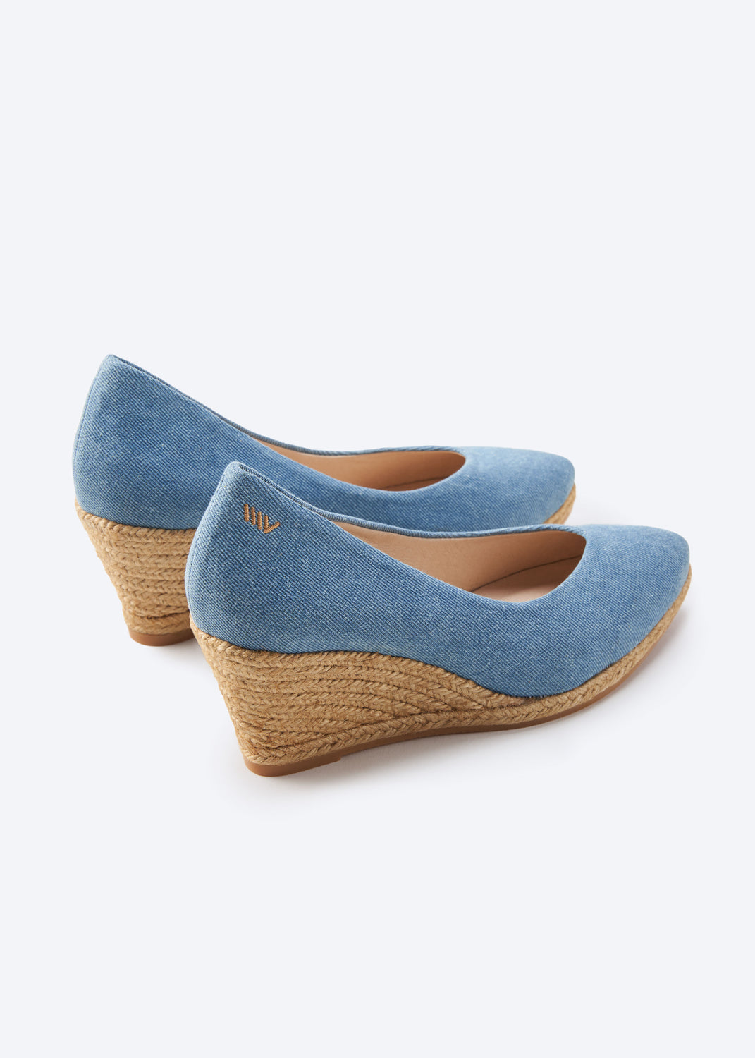 Roses V Cut Limited Edition Light Denim Canvas Slip On Women Espadrille Medium Heel Wedges