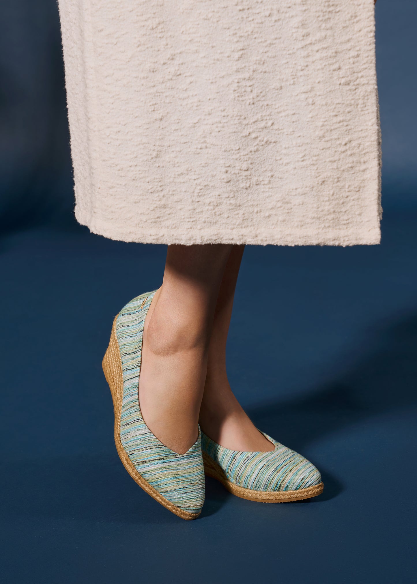 Roses V Cut Limited Edition Multicolor Blue Canvas Slip On Women Espadrille Medium Wedges Legs