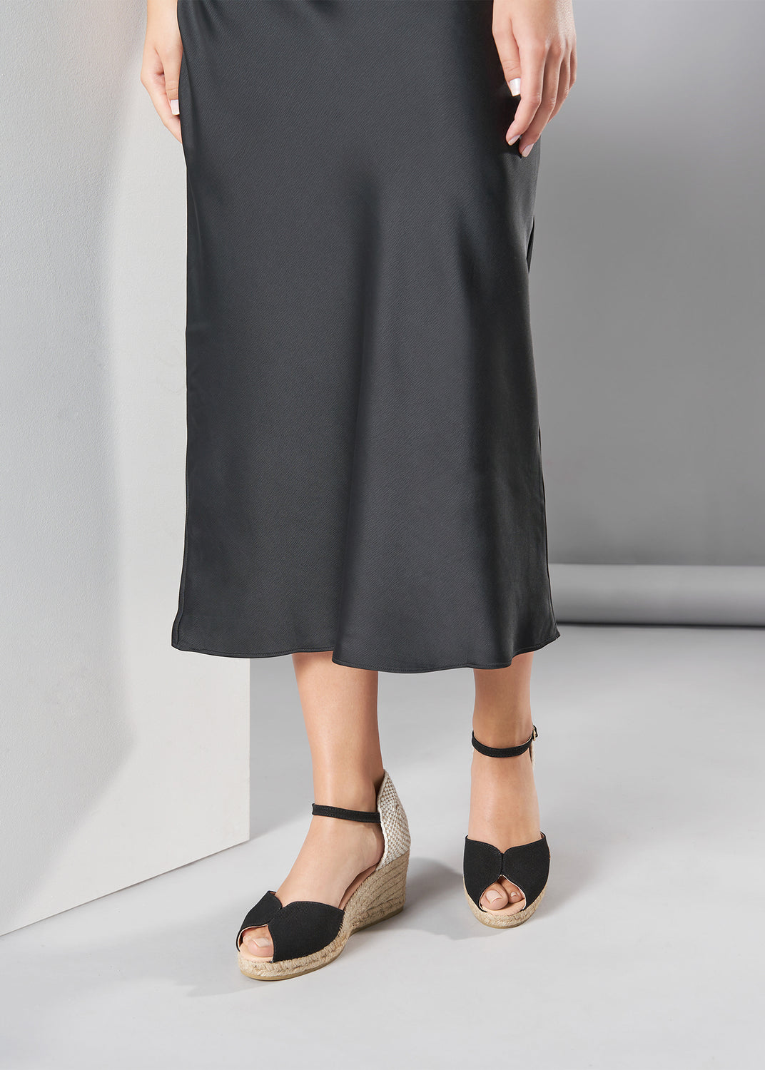 Sacova Black Canvas Ankle Strap Women Espadrille Wedges Legs