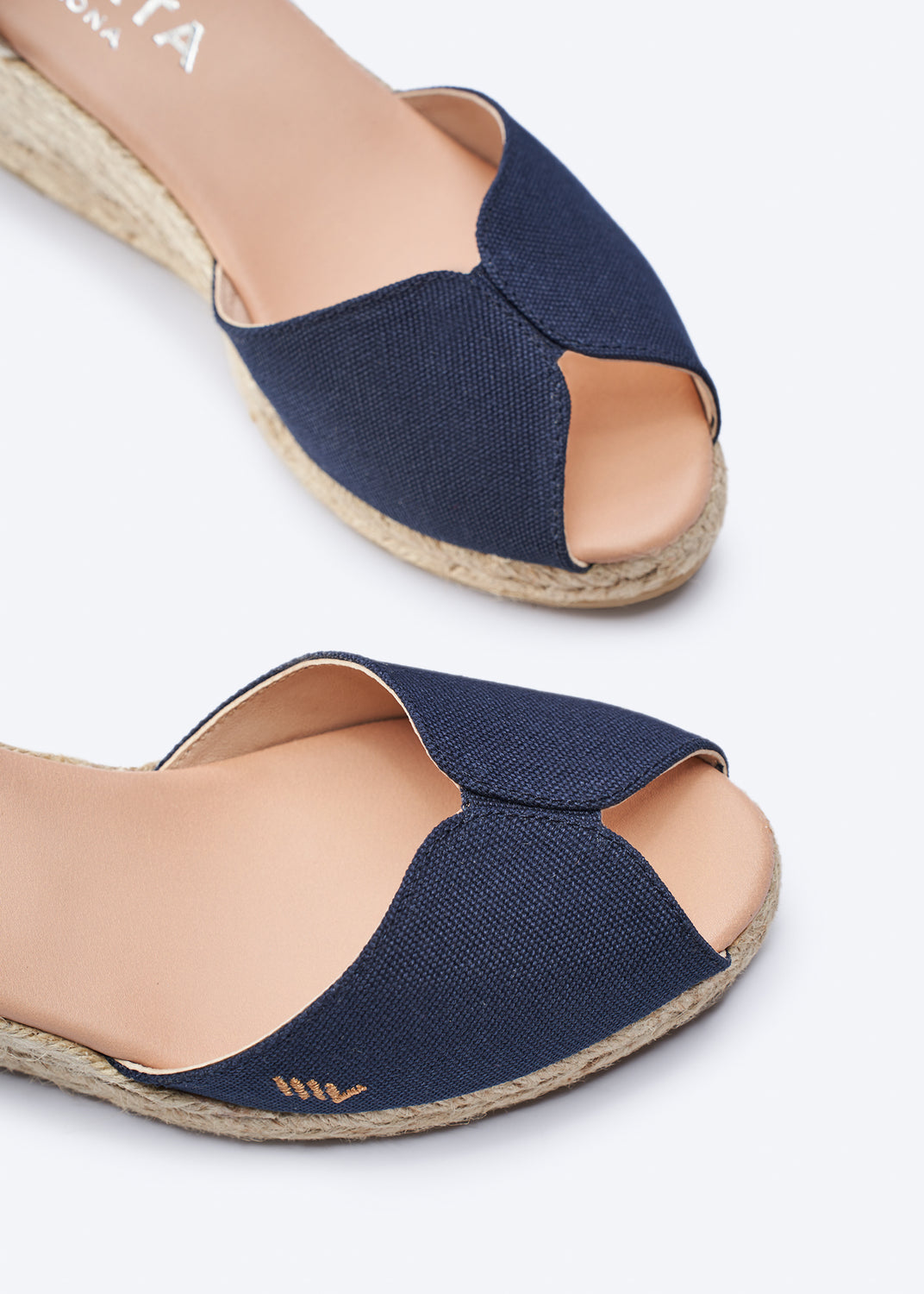 Sacova Navy Blue Canvas Ankle Strap Women Espadrille Wedges Open Toe Detail