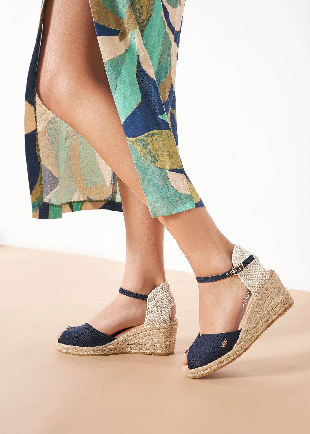 Sacova Navy Blue Canvas Ankle Strap Women Espadrille Open Toe Wedges Legs