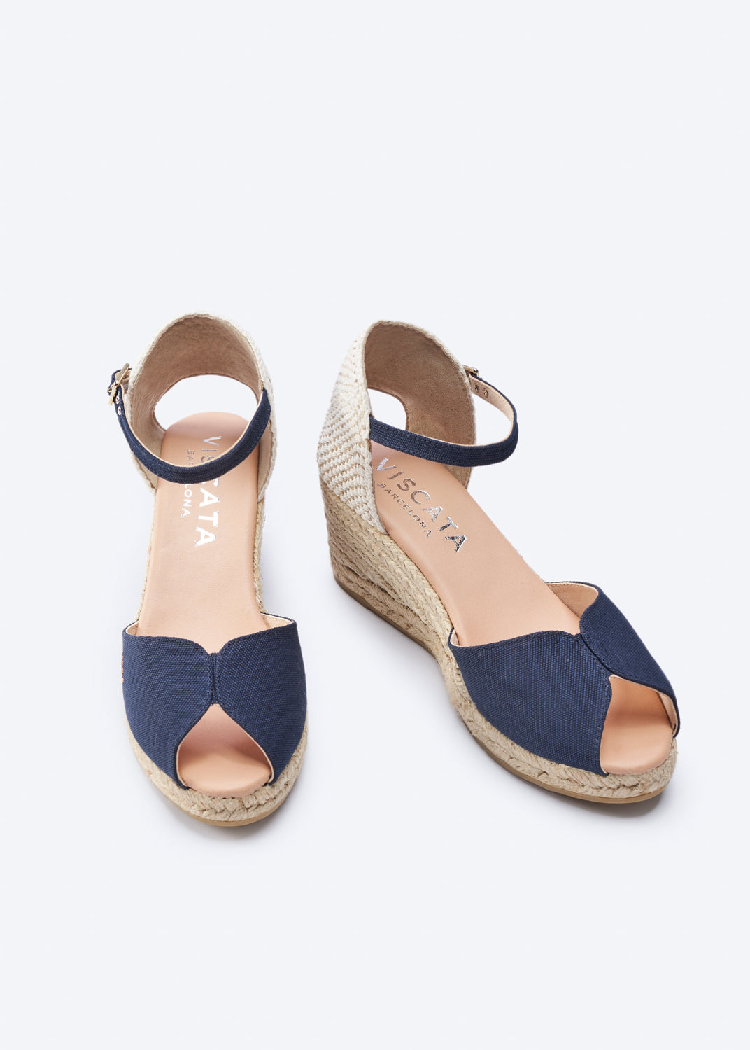 Sacova Navy Blue Canvas Ankle Strap Women Espadrille Medium Heel Wedges