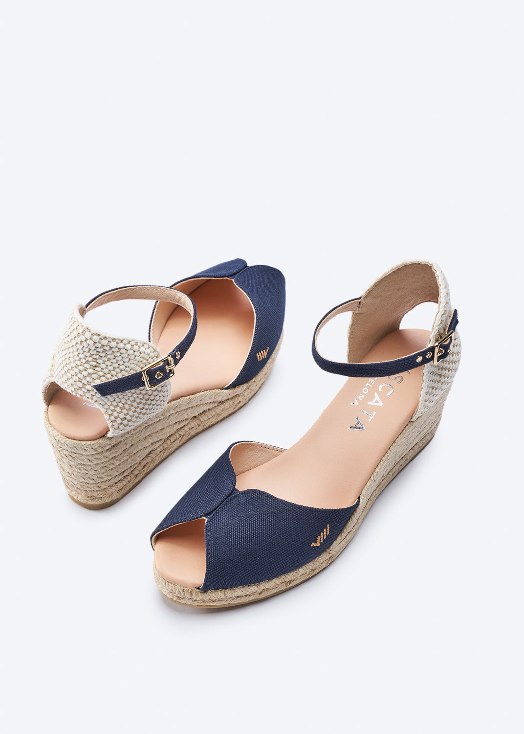 Sacova Navy Blue Canvas Ankle Strap Women Espadrille Wedges Open Toe and Flexible Back Details