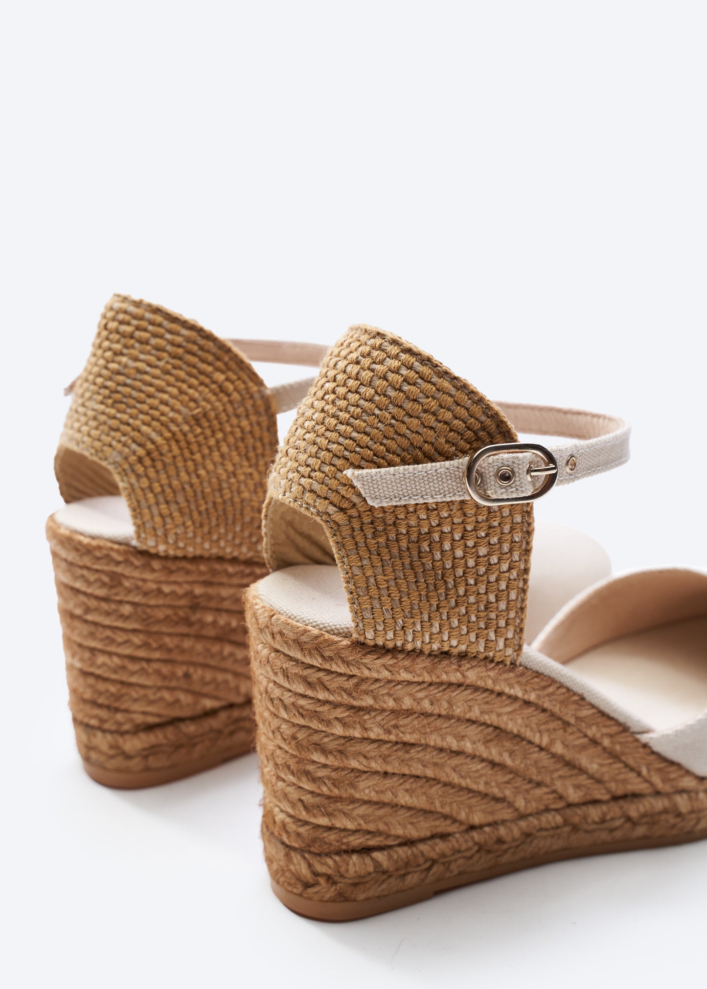 Satuna Beige Canvas Ankle Strap Women Espadrille High Wedges Flexible Back Detail