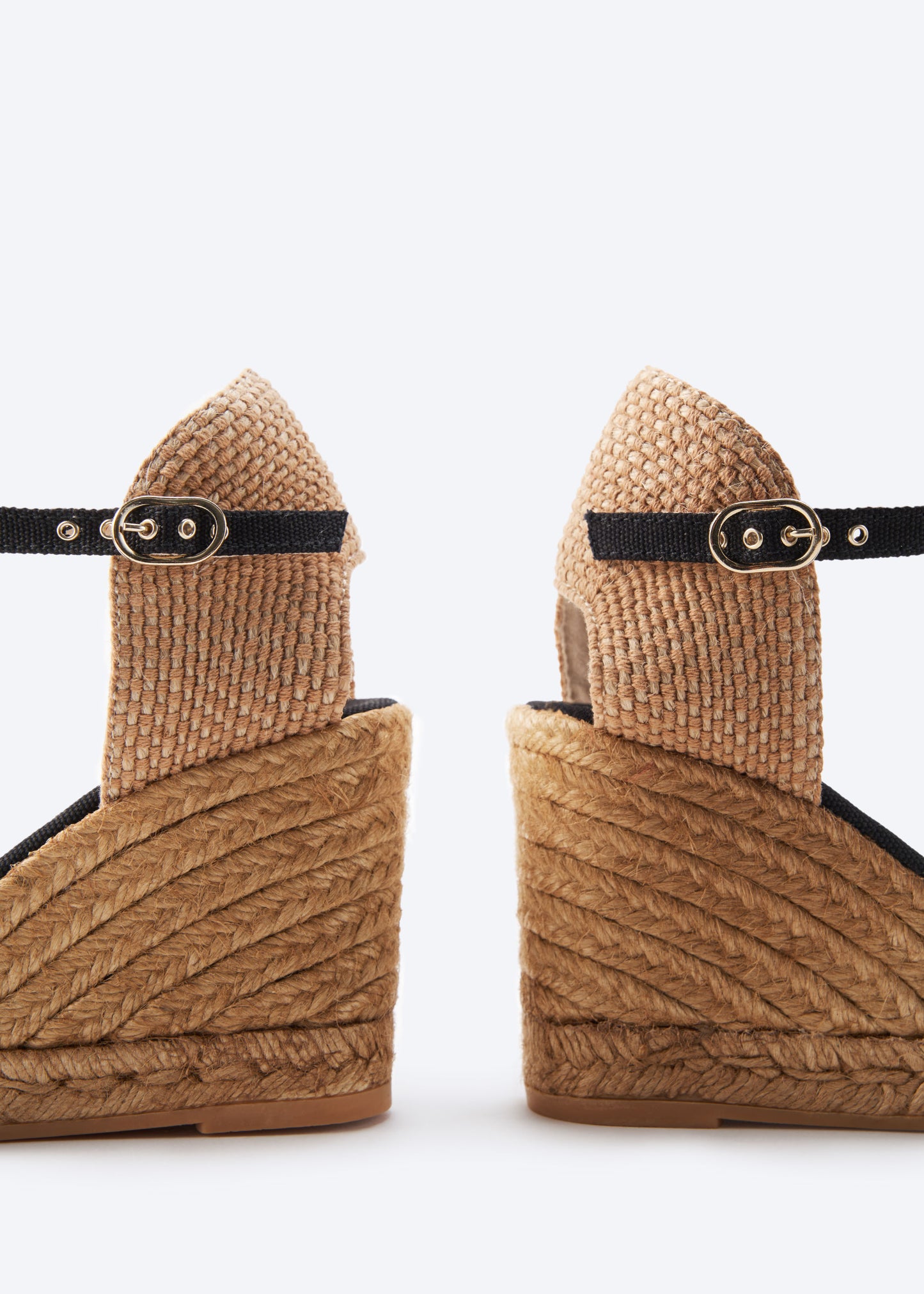 Satuna Black Canvas Ankle Strap Women Espadrille High Wedges Flexible Back Detail