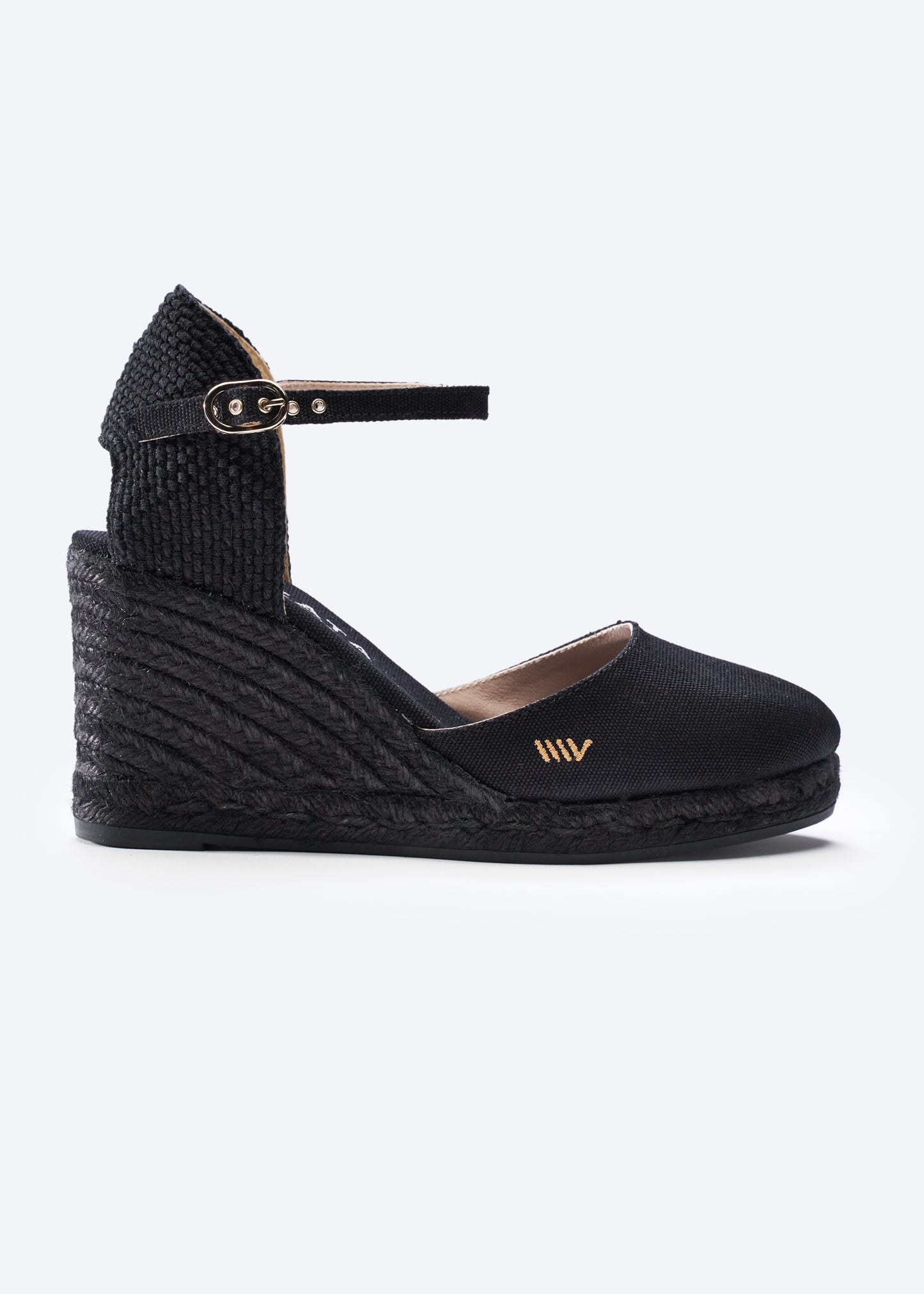 Satuna Limited Edition Black Jute Canvas Ankle Strap Women Closed Toe Espadrille Wedge