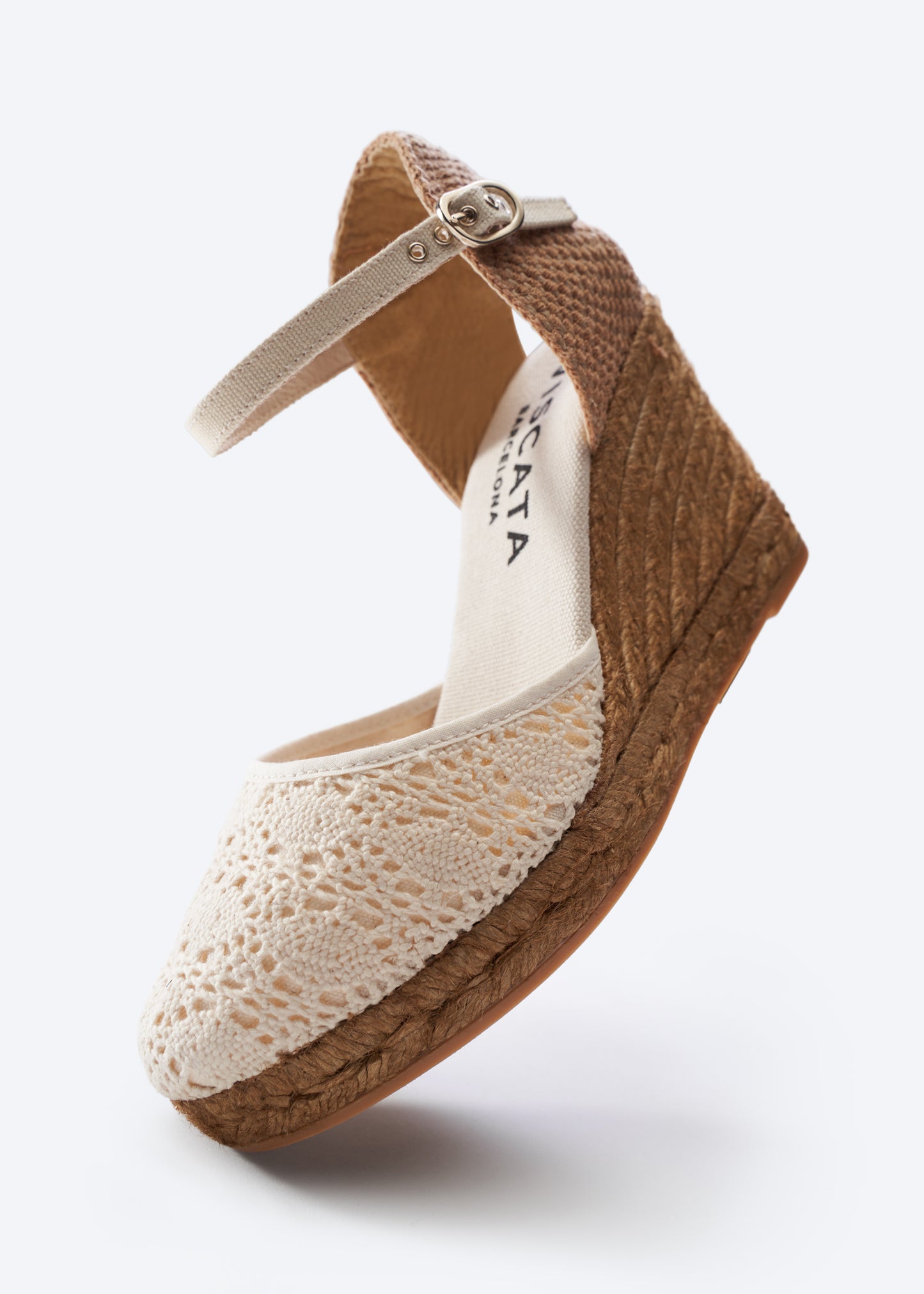 Satuna Ivory Crochet Ankle Strap Women Closed Toe Espadrille High Heel Wedge
