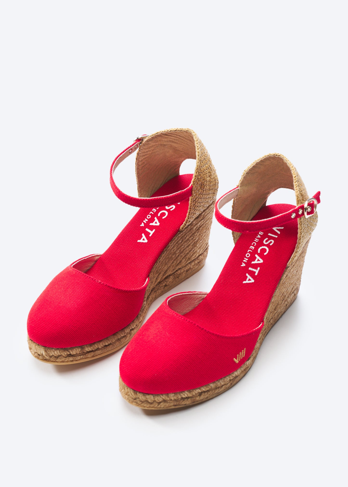 Satuna Limited Edition Red Canvas Ankle Strap Women Espadrille High Heel Wedges