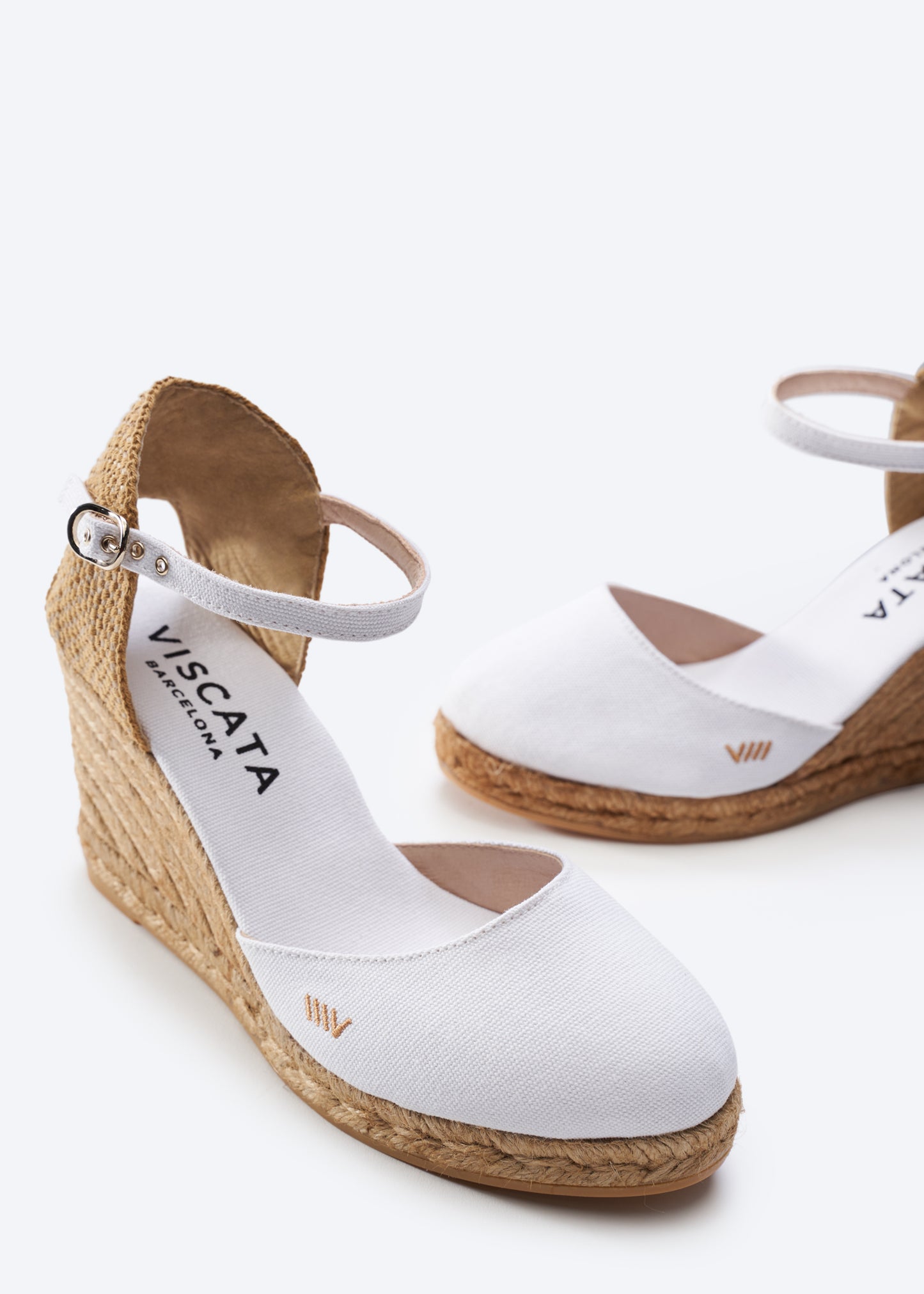 Satuna Limited Edition White Canvas Ankle Strap Women Espadrille Wedges Closed Toe Details