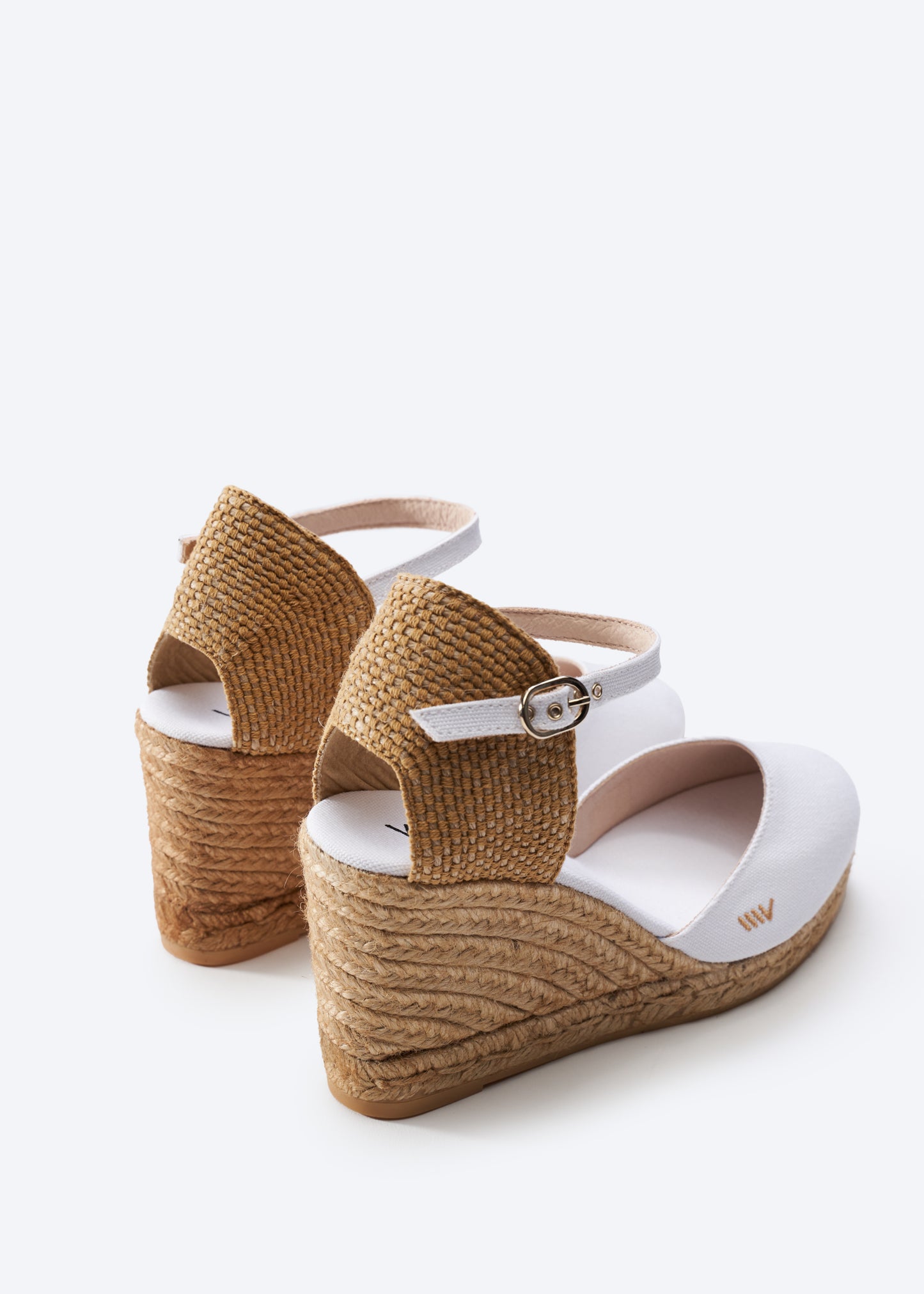 Satuna Limited Edition White Canvas Ankle Strap Women Espadrille Wedges Flexible Back Details