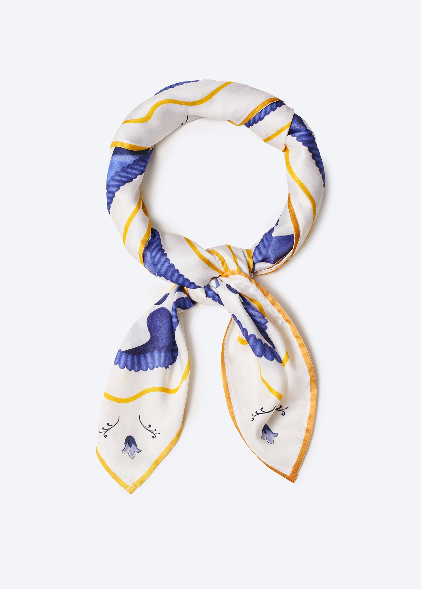 Elegant neck scarf in white with bold cobalt blue and golden yellow abstract pattern – lightweight and stylish women's accessory inspired by Mediterranean tile art and coastal fashion