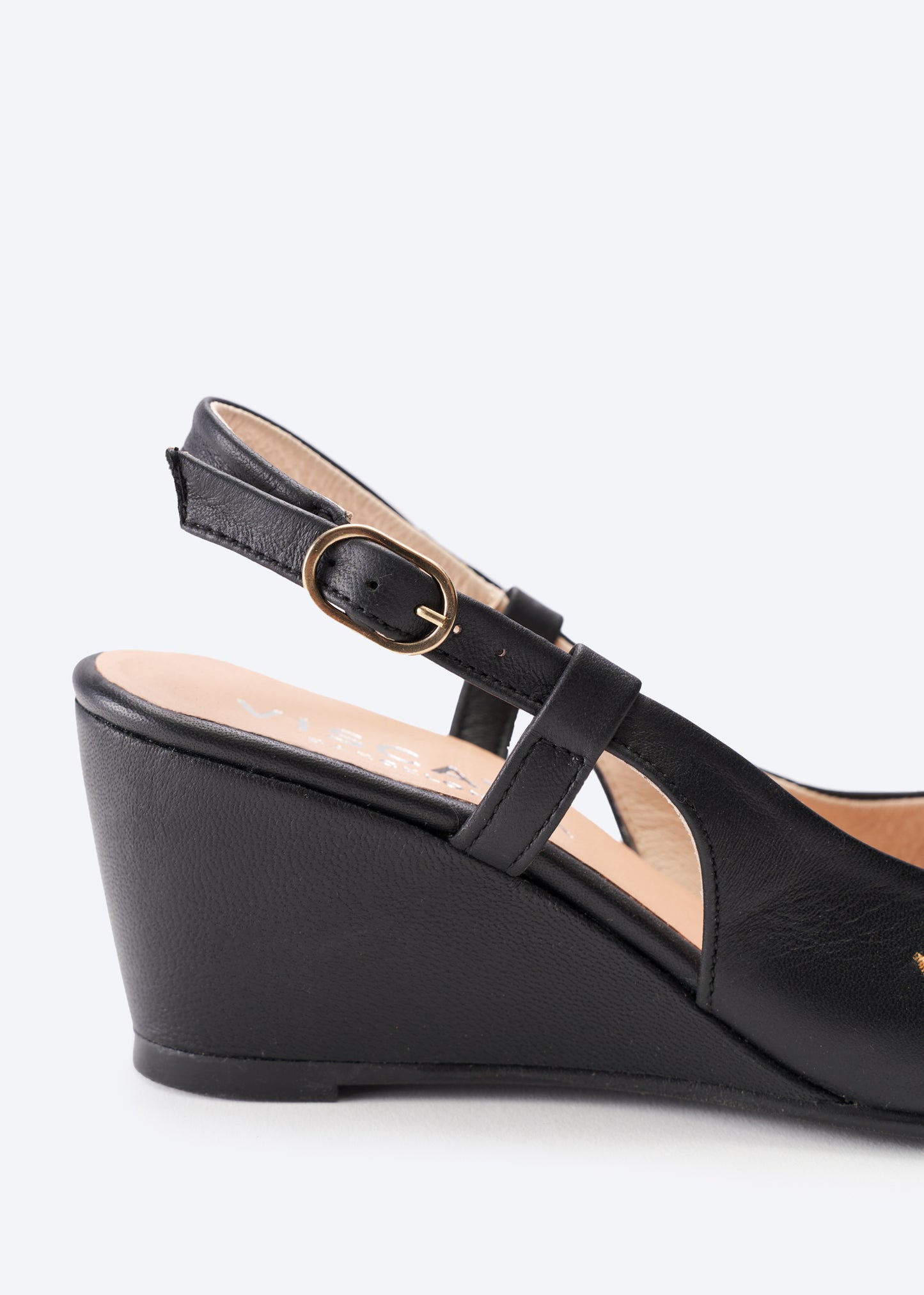 Tivoli Black Leather Women Wedge Shoes Slingback Detail