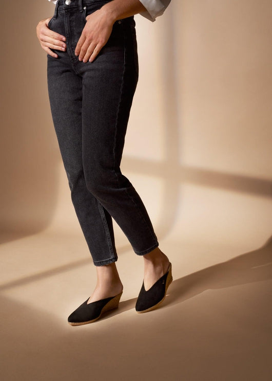 Truja Black Suede Slip On Woman Espadrille Mule Wedges Legs
