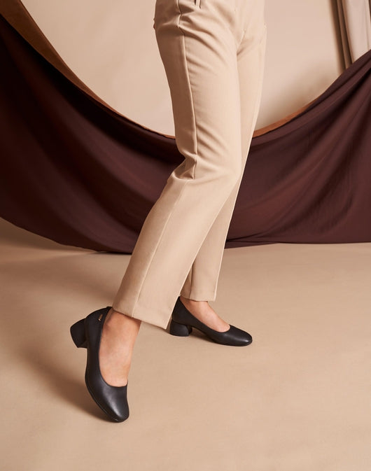 Milan Black Leather Slip On Women Low Block Heel Shoes Legs