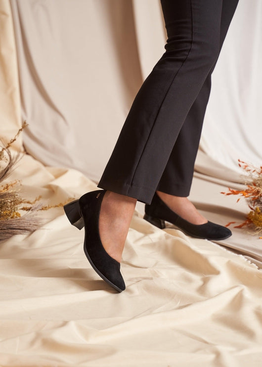 Milan Black Suede Slip On Women Low Block Heel Shoes Legs