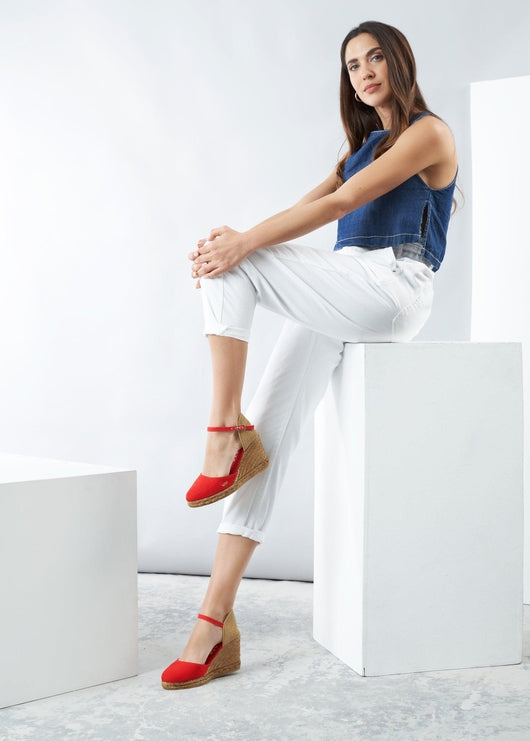 Satuna Limited Edition Red Canvas Ankle Strap Women Espadrille Wedges Outfit