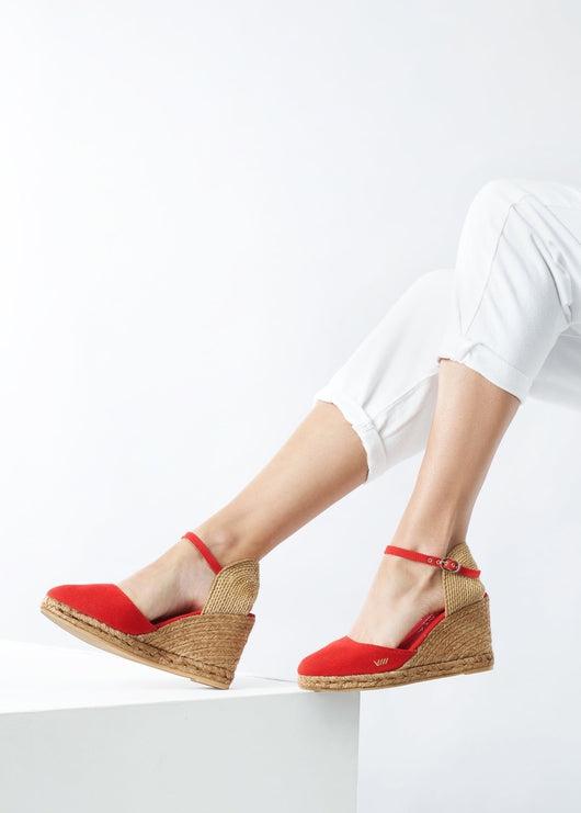 Satuna Limited Edition Red Canvas Ankle Strap Women Espadrille Wedges Legs